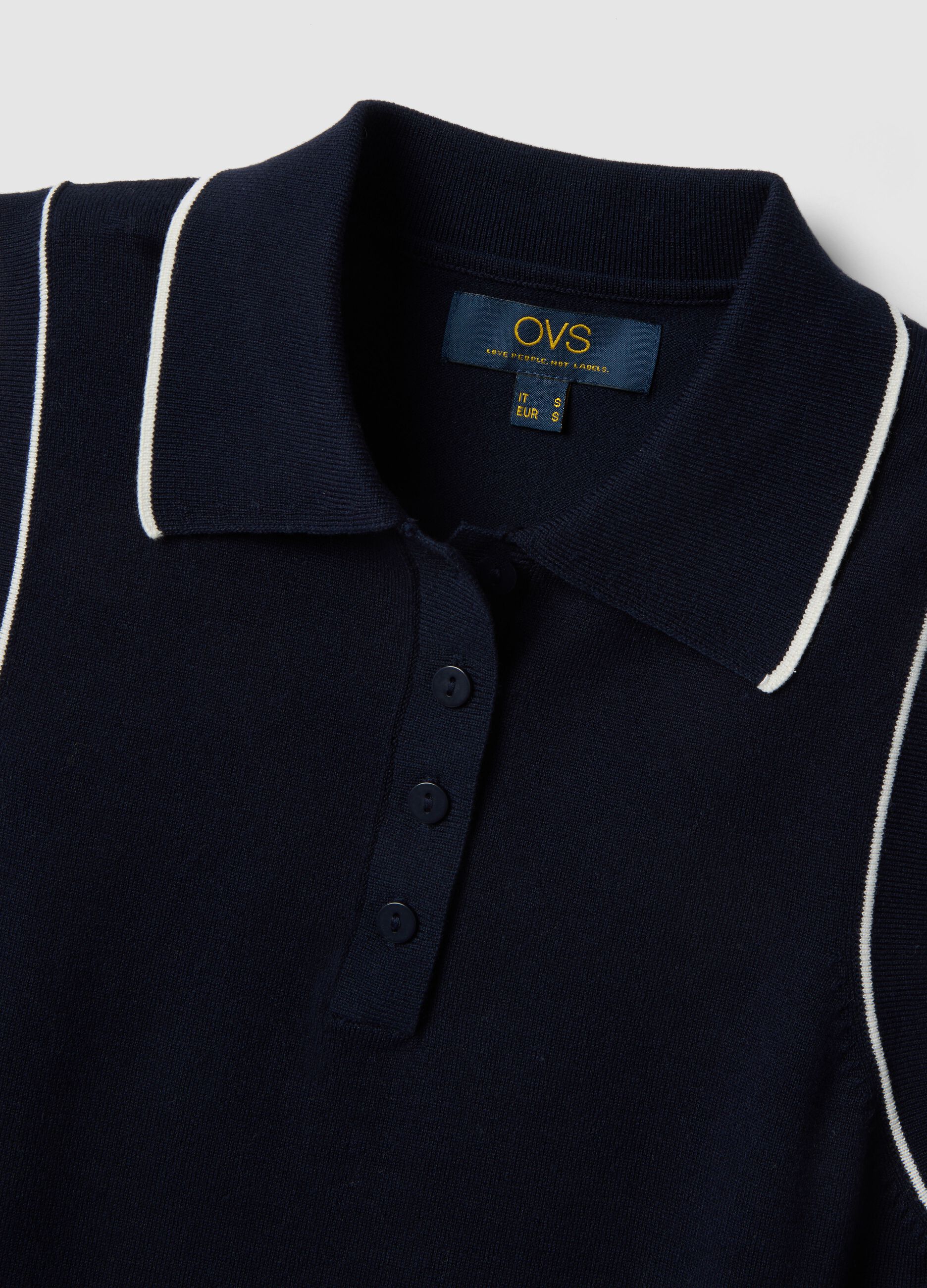 Sleeveless blue viscose blend slim fit polo with buttons