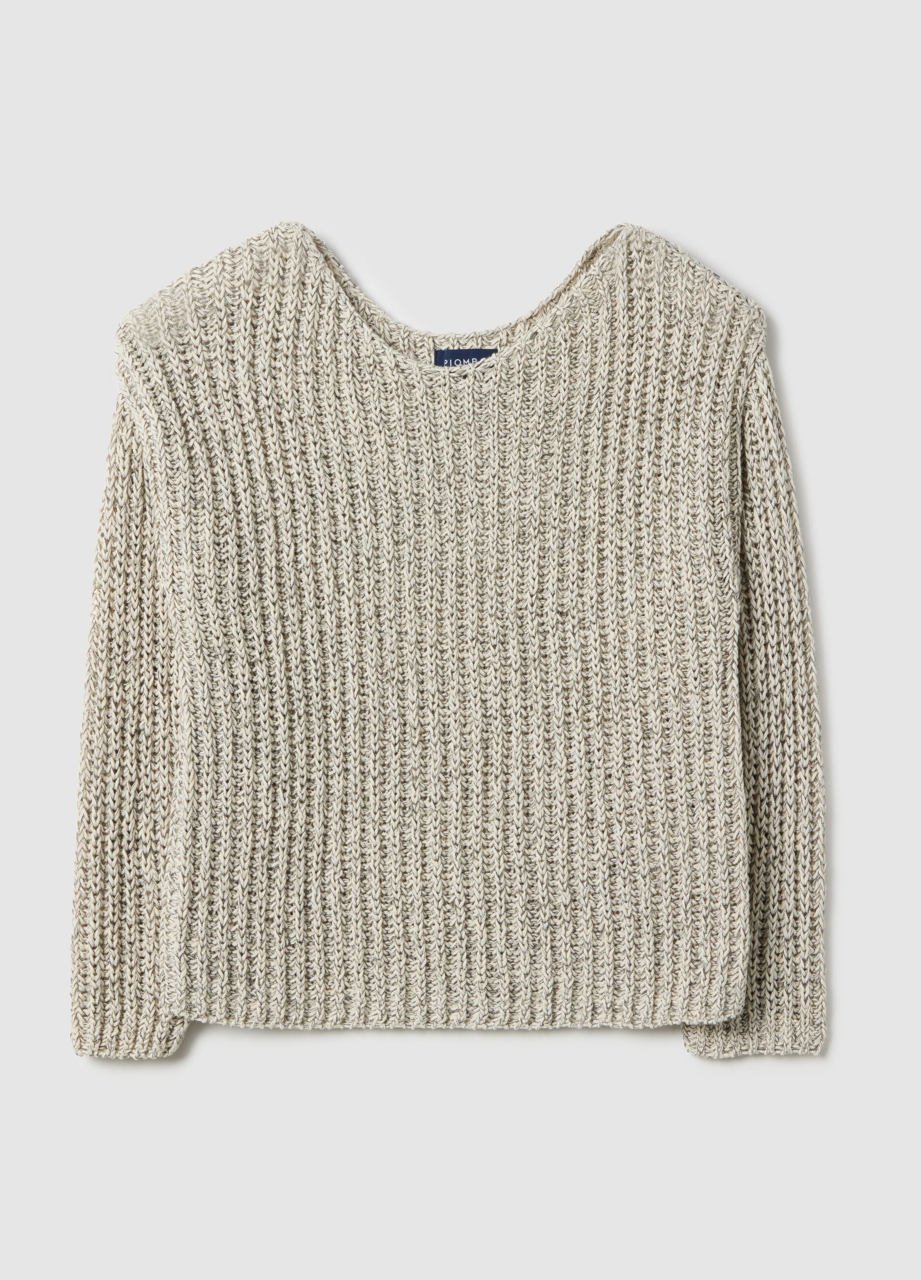 Beige cotton blend regular fit woven jumper with boat neck