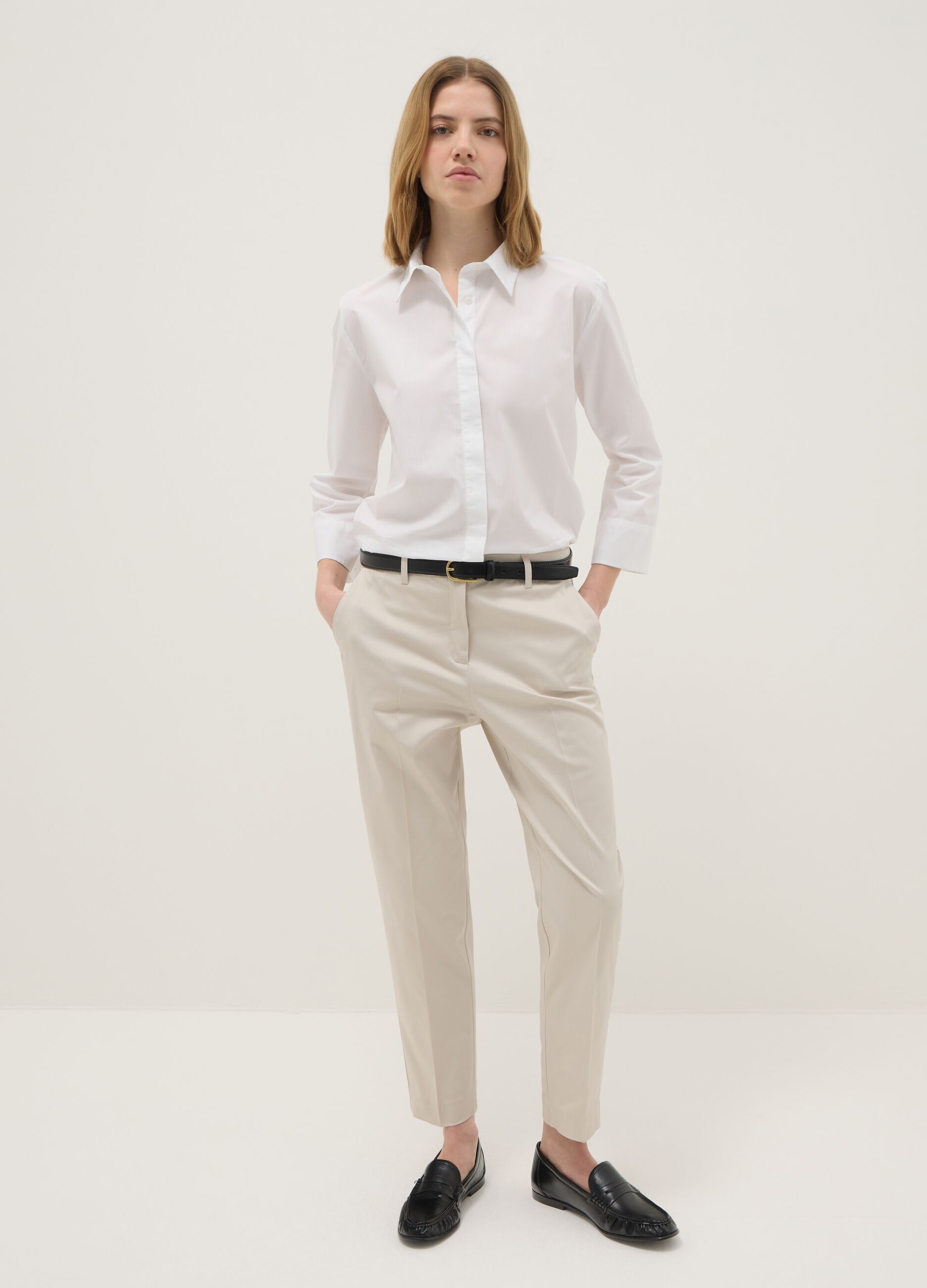Beige stretch cotton satin trousers regular fit