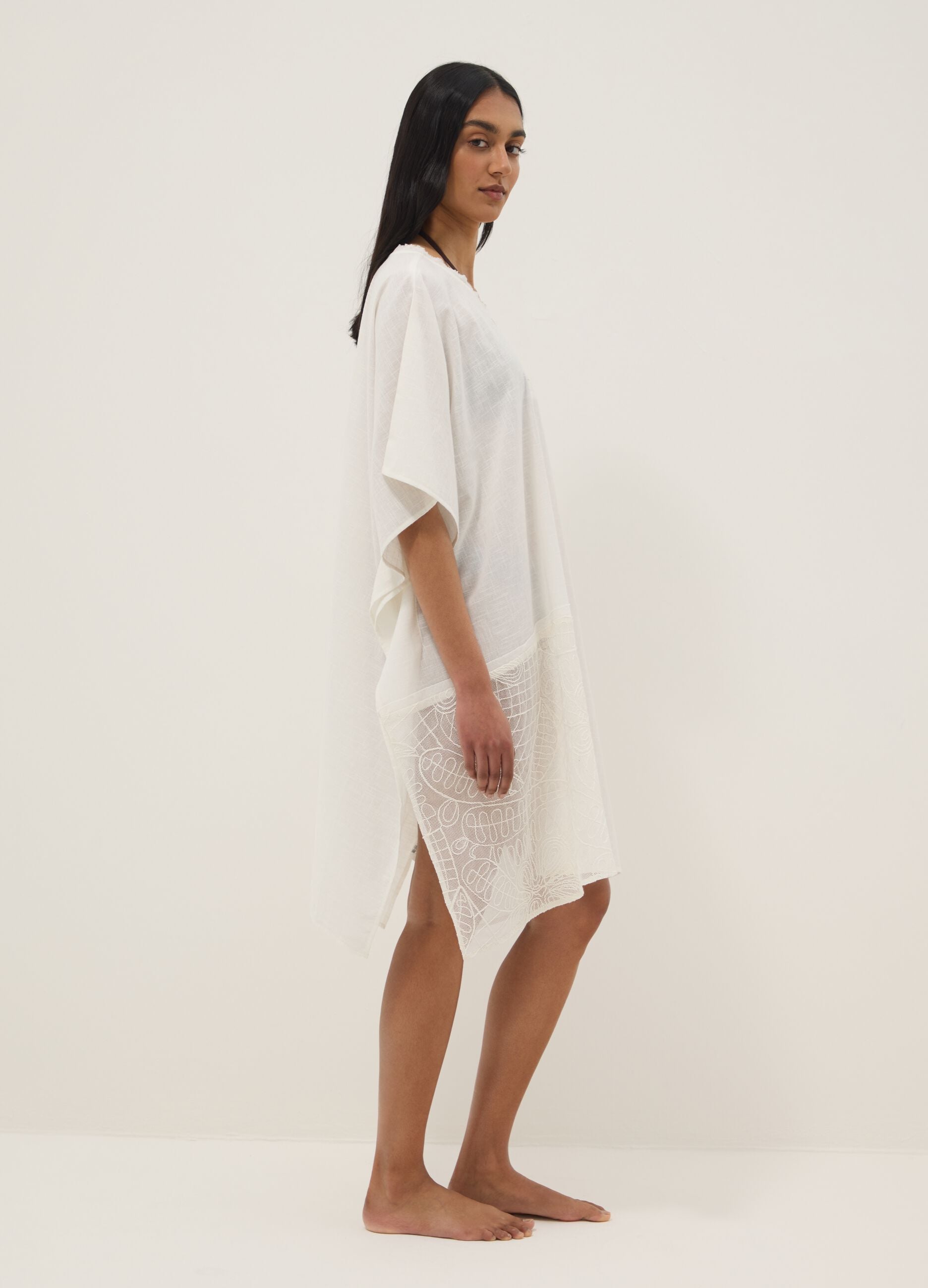 White pure cotton kaftan with lace inserts
