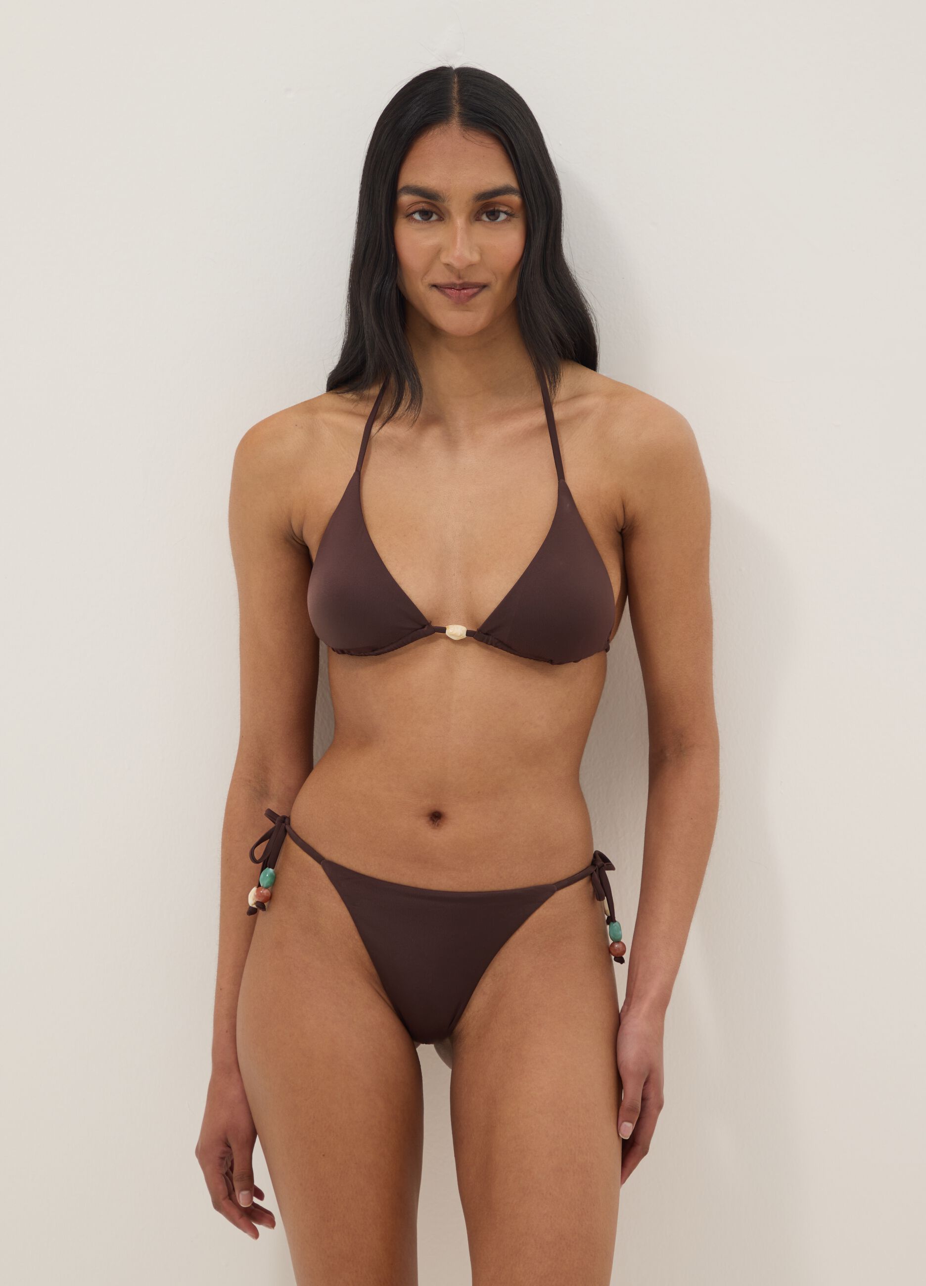 Brown stretch bikini bottoms with side ties and beads