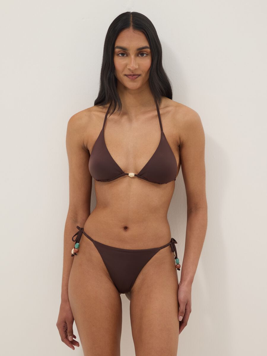 Brown stretch bikini bottoms with side ties and beads_0