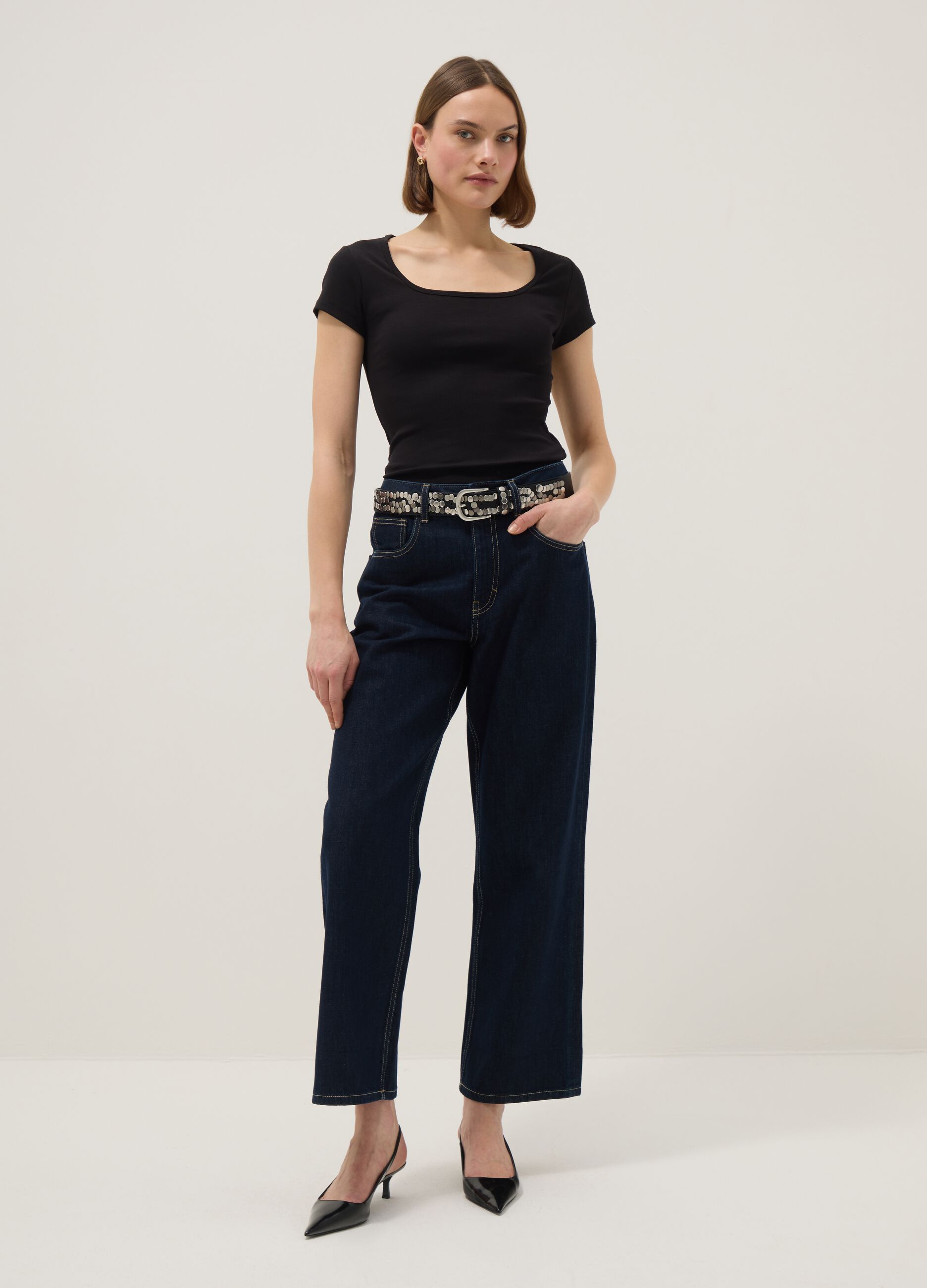 Black fitted stretch cotton T-shirt with square neckline