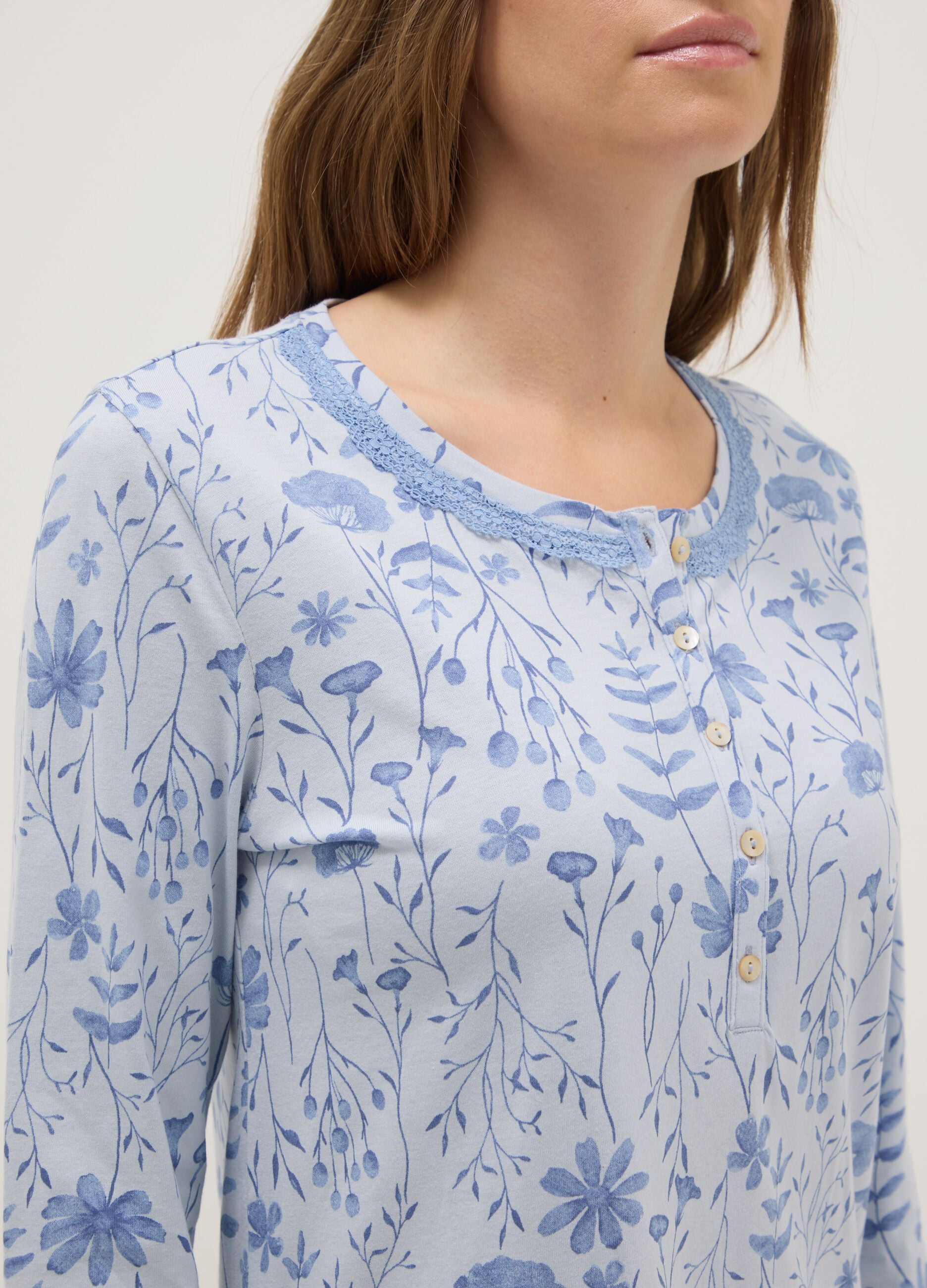Blue pure cotton nightdress with serafino neckline