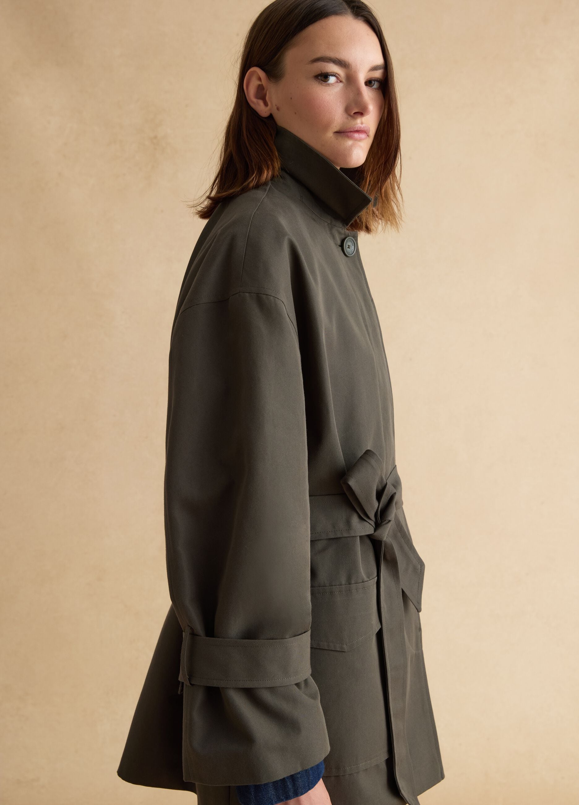 Green cotton blend trench coat with belt, regular fit