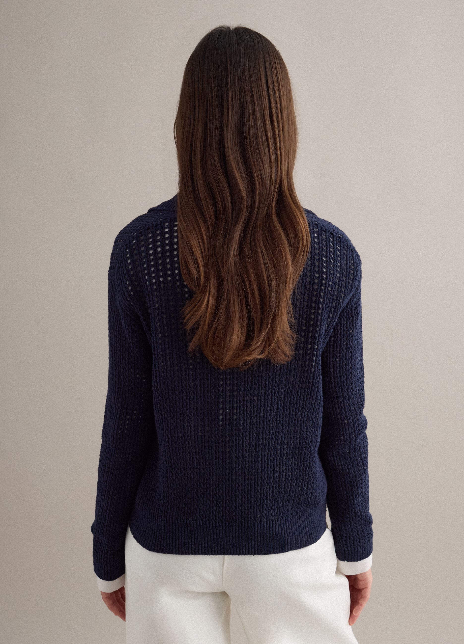 Blue cotton blend regular fit jumper with mesh pattern and polo collar