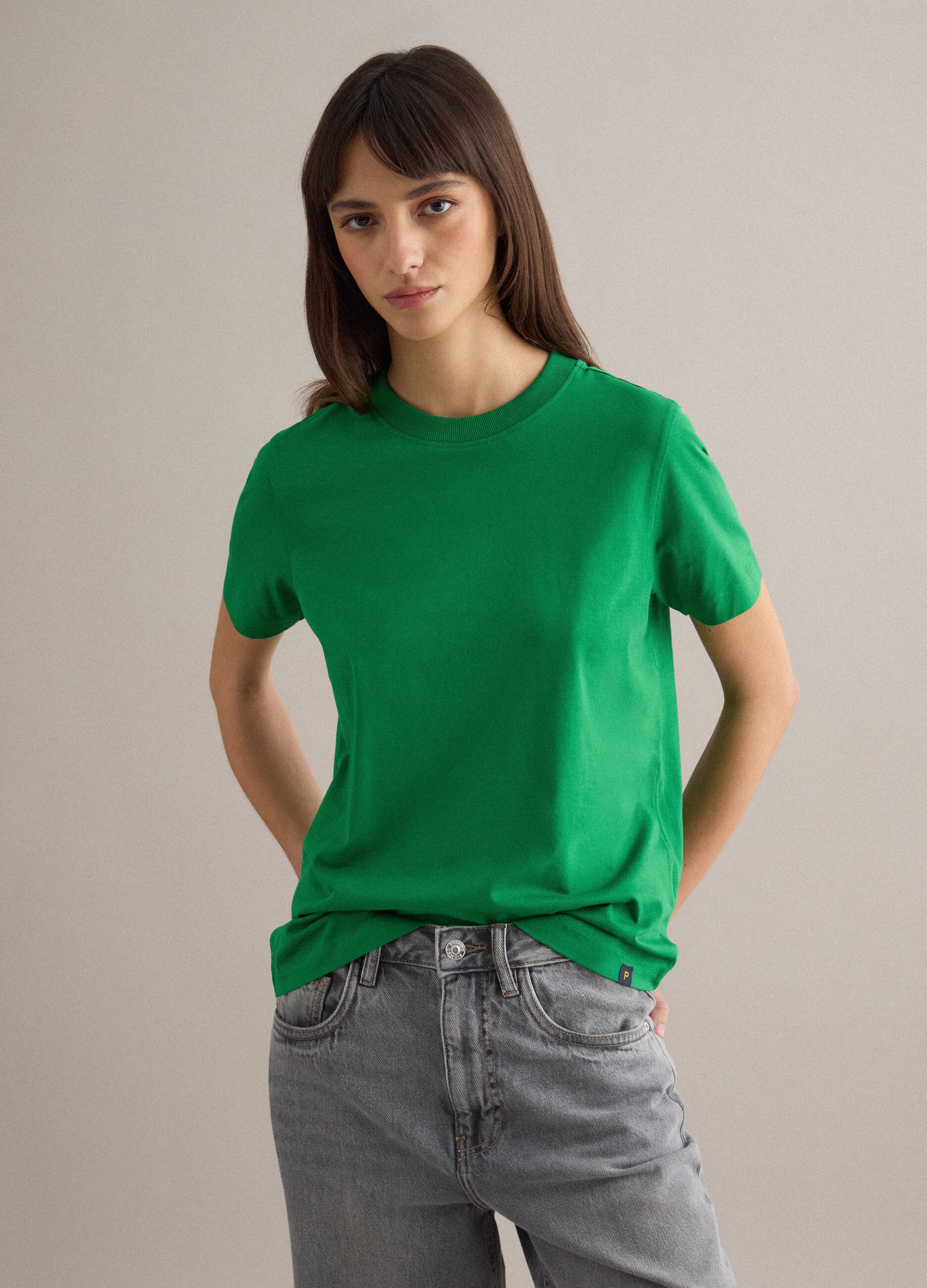 Regular Fit Green Crew Neck Cotton T-shirt