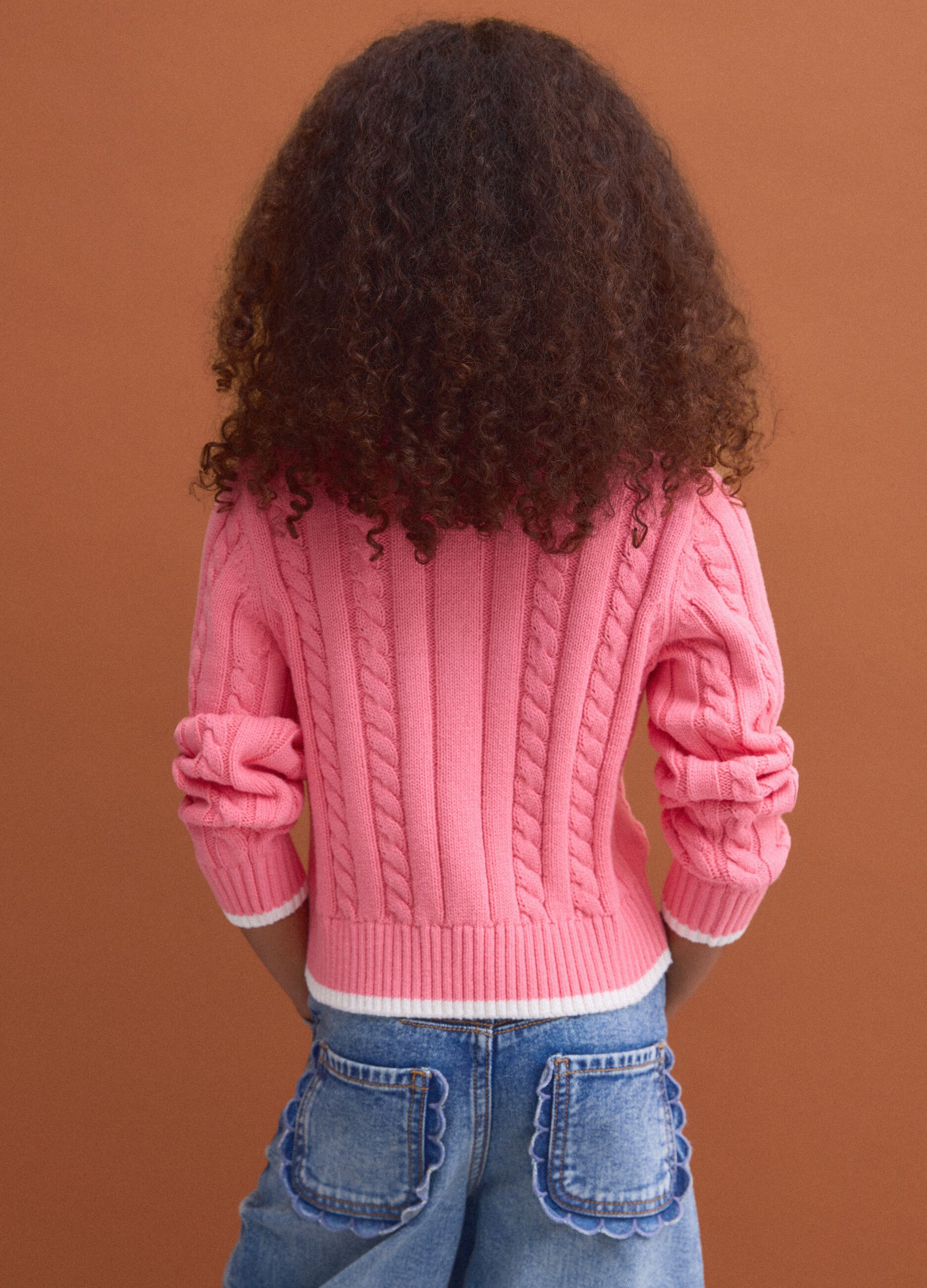 Pink pure cotton cable-knit V-neck jumper for girls