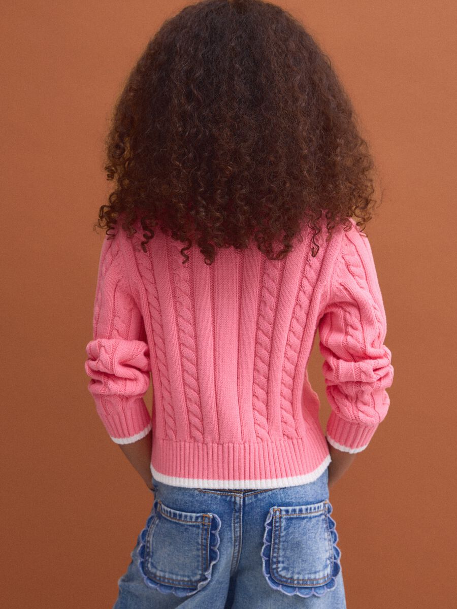 Pink pure cotton cable-knit V-neck jumper for girls_2