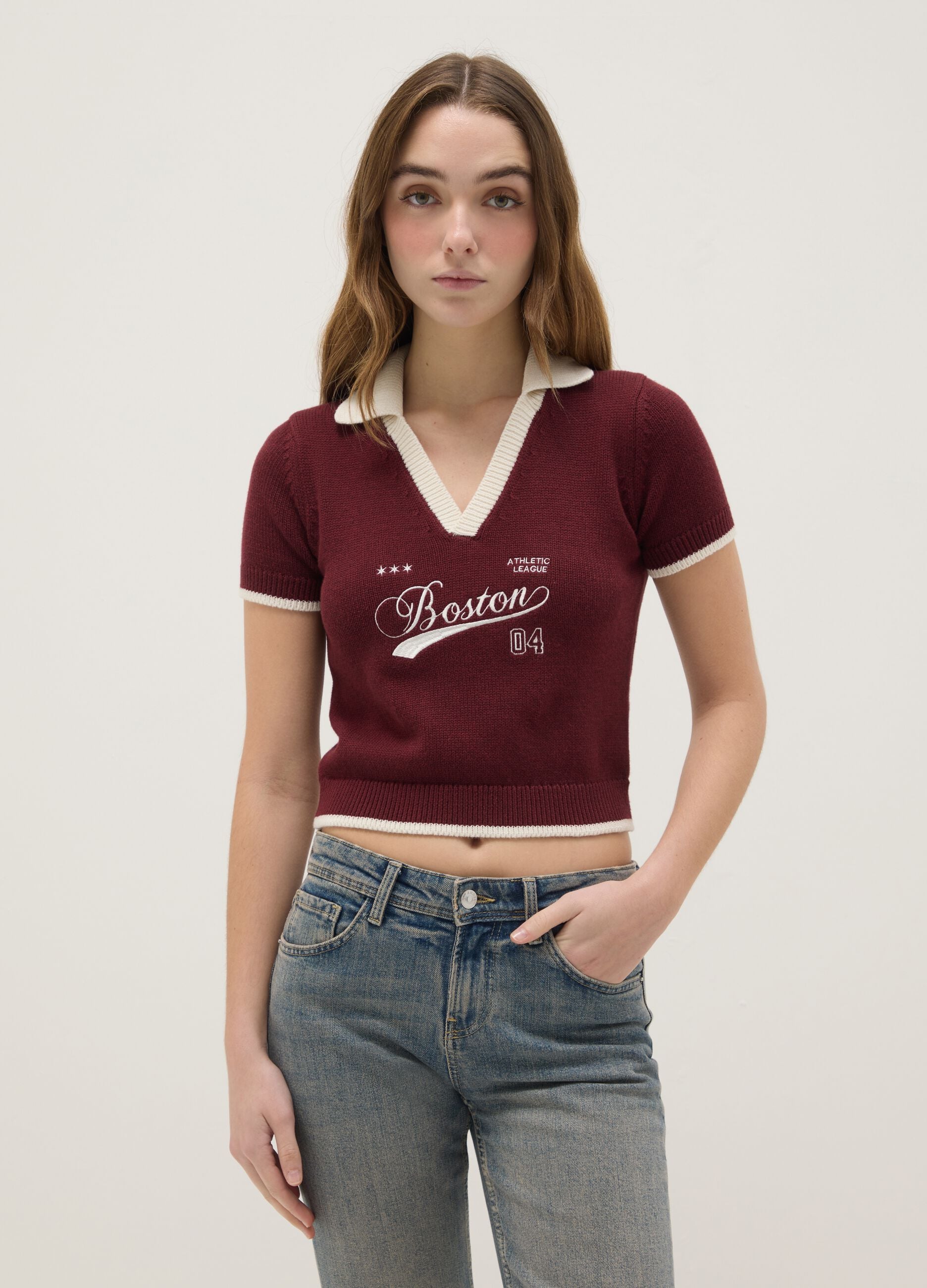 Red cotton blend regular fit polo collar shirt with lettering