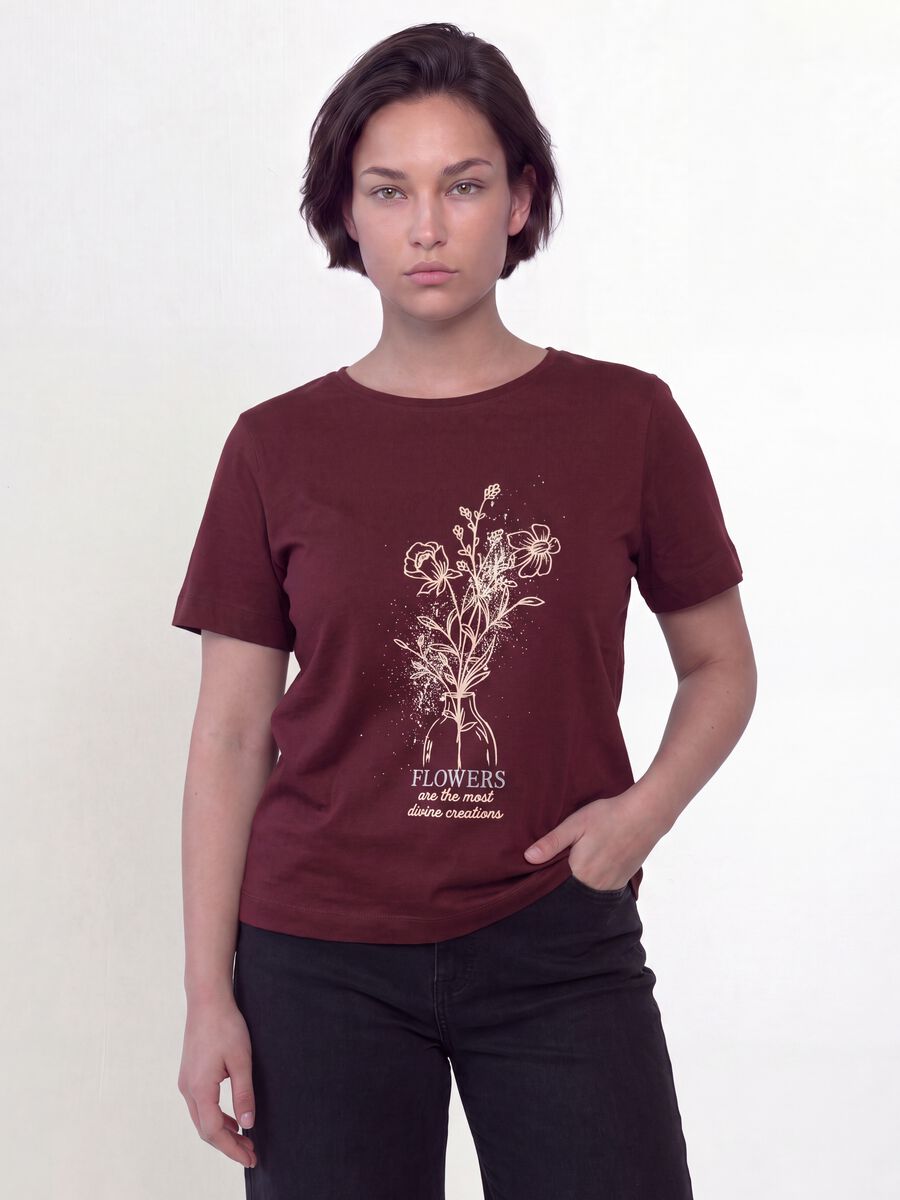 T-shirt rossa in puro cotone con stampa floreale regular fit_0