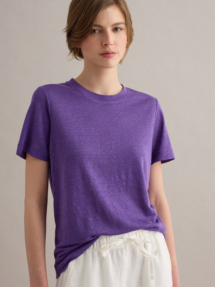 Purple pure linen regular-fit short-sleeve T-shirt_1