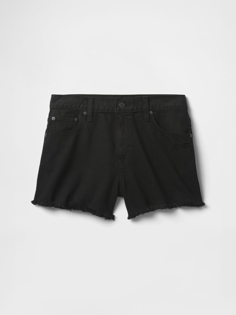 Black Denim Shorts with Frayed Hem_4