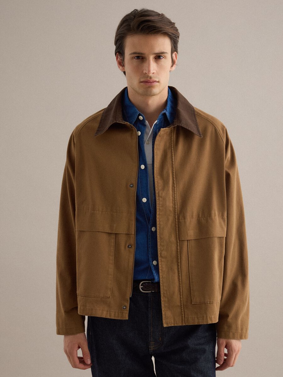 Brown pure cotton regular fit jacket with contrast collar_0