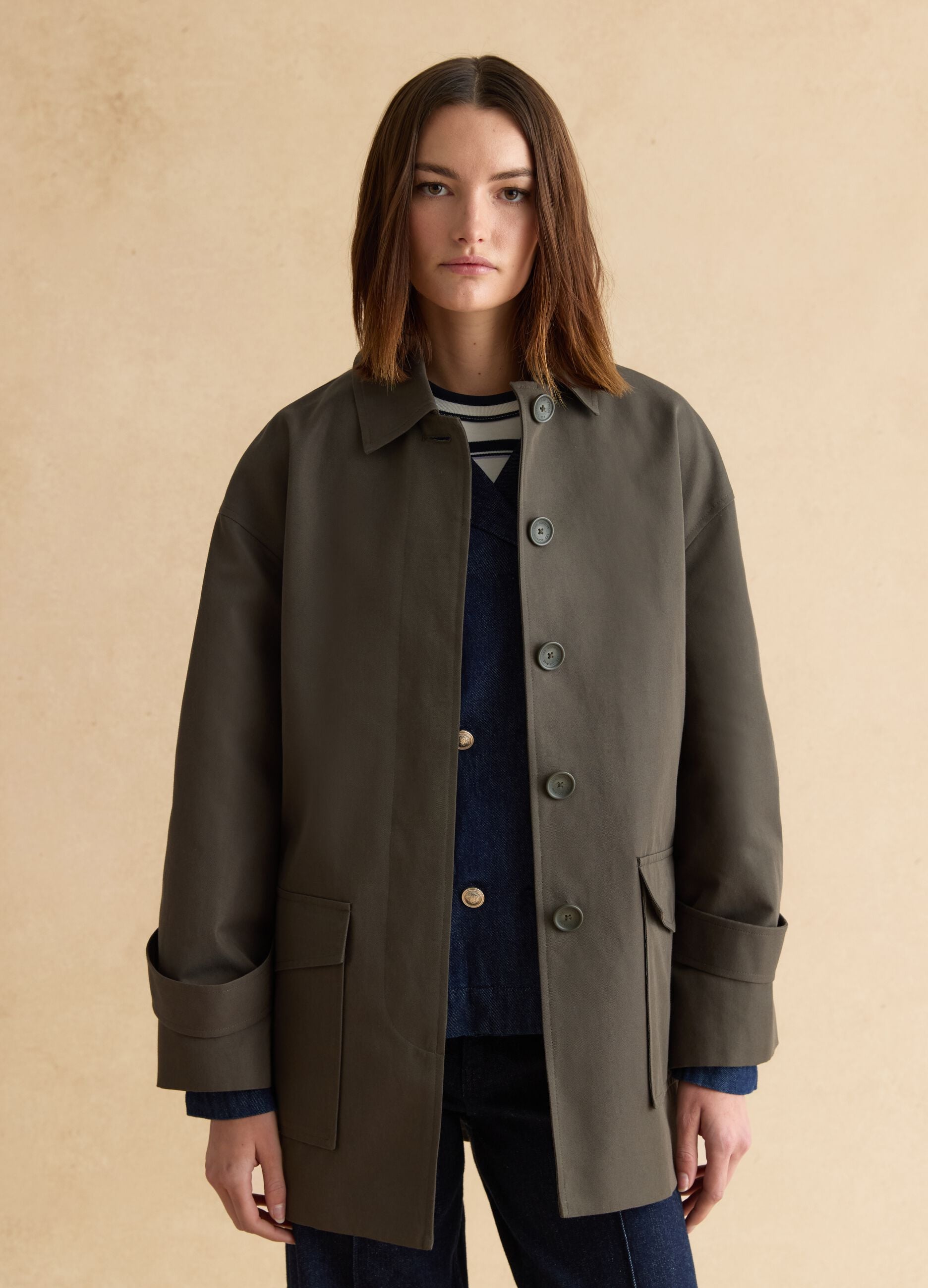 Green cotton blend trench coat with belt, regular fit