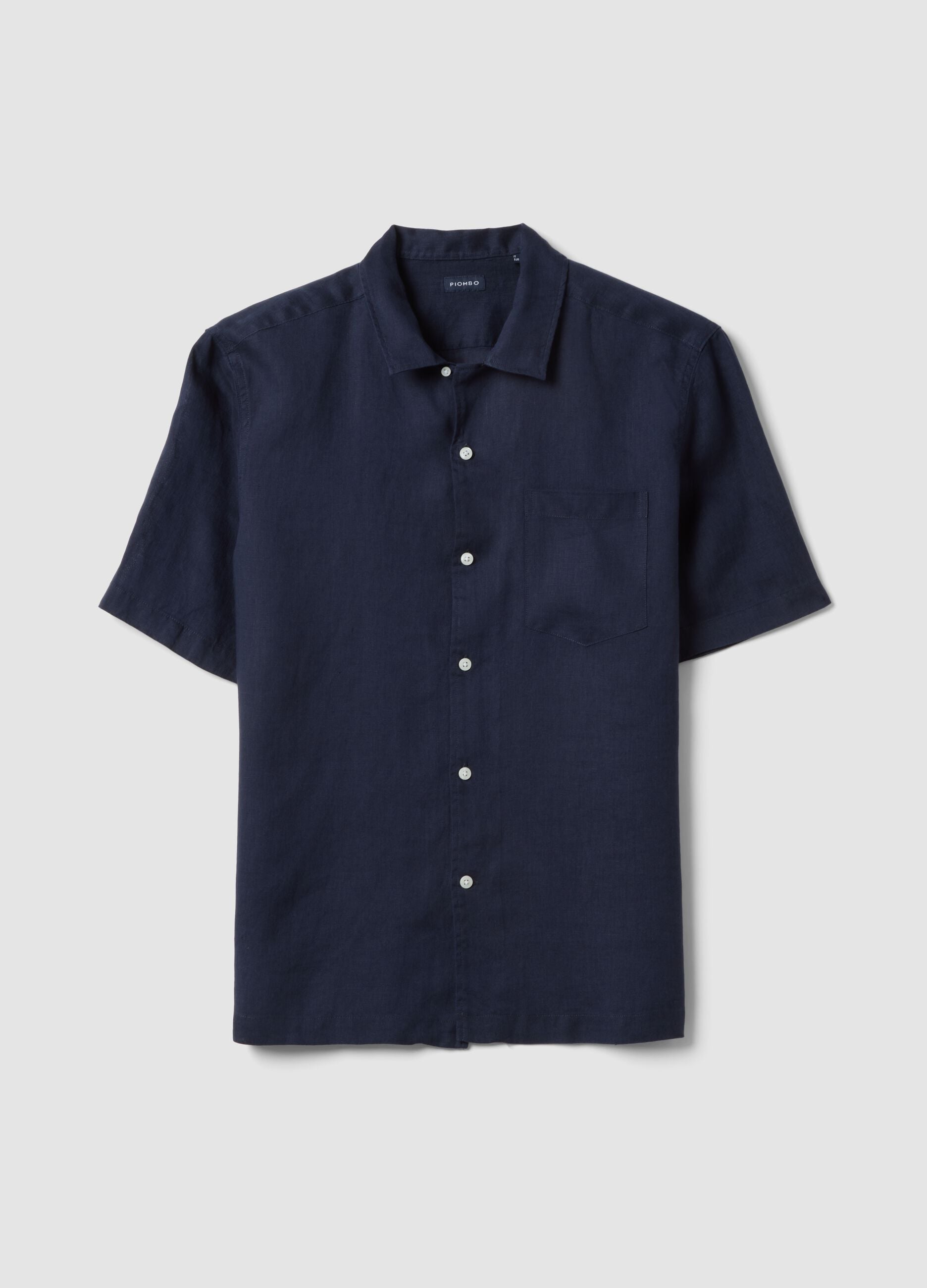 Blue short sleeve pure linen regular fit shirt with chest pocket
