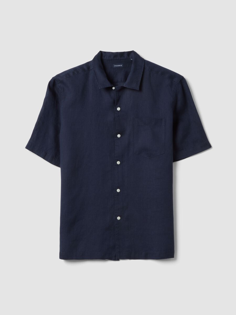 Blue short sleeve pure linen regular fit shirt with chest pocket_4