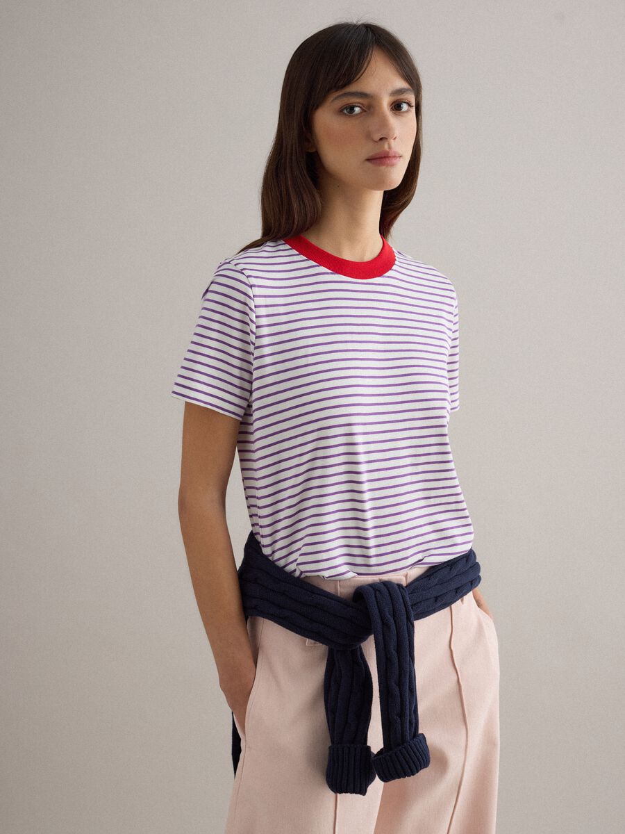 T-shirt bianca a righe viola regular fit in puro cotone Supima_1