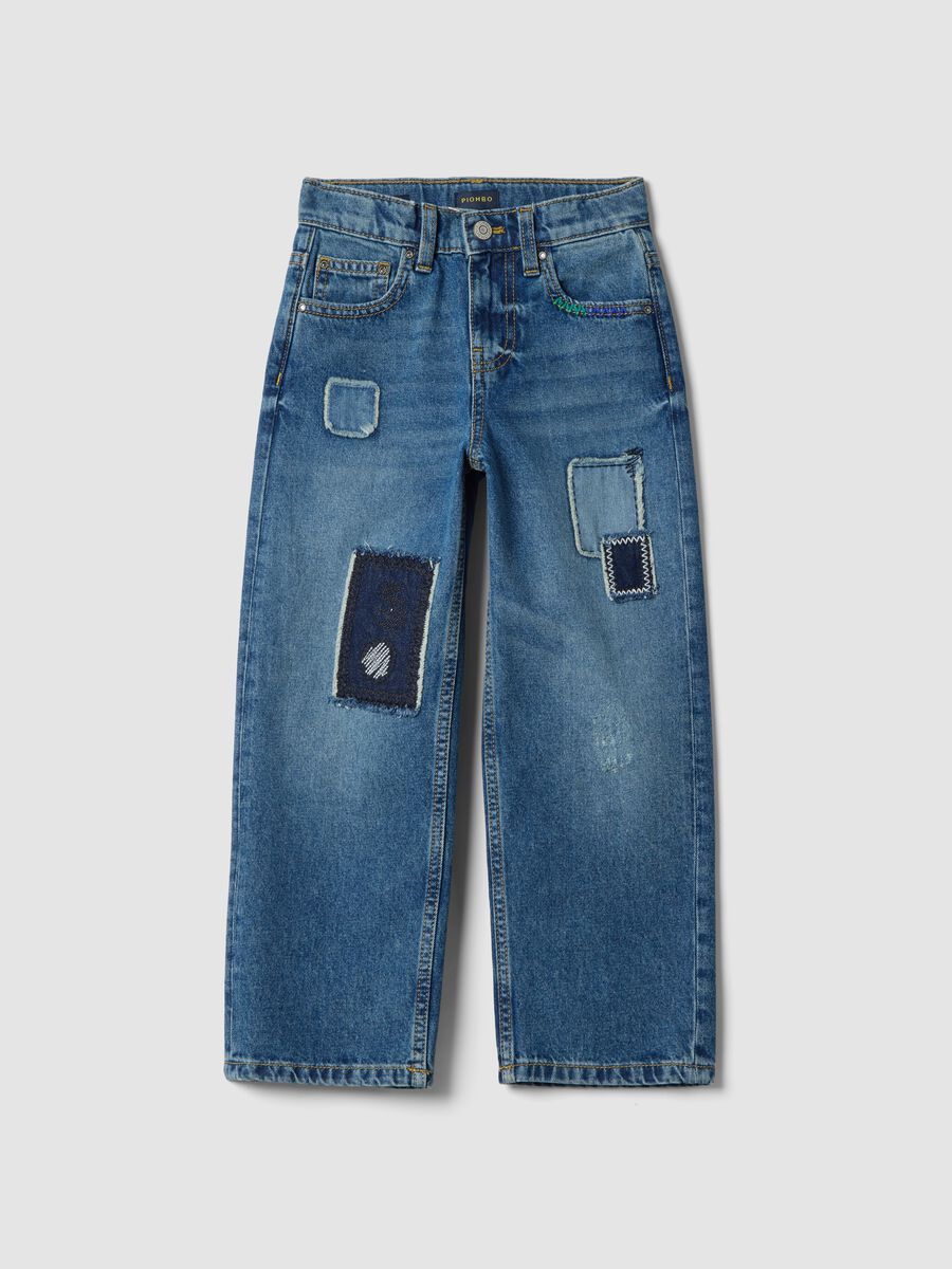 Blue pure cotton denim jeans, straight fit with patches for boys_0