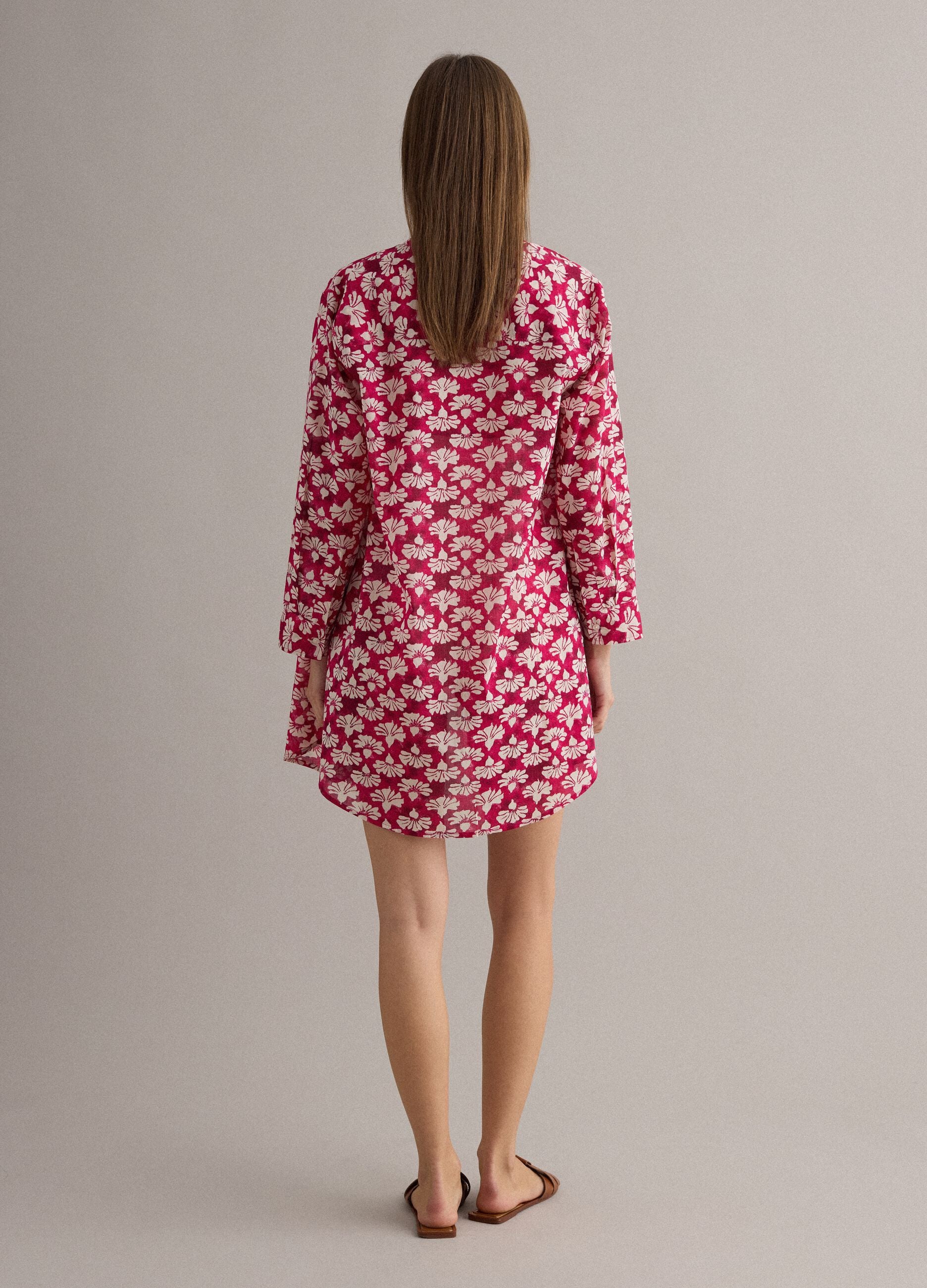 Red long pure-cotton shirt with floral print
