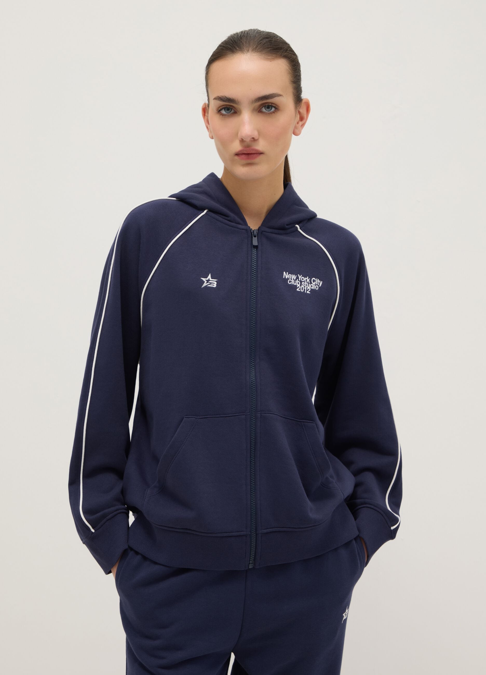 Blue hoodie with zip in cotton blend relaxed fit