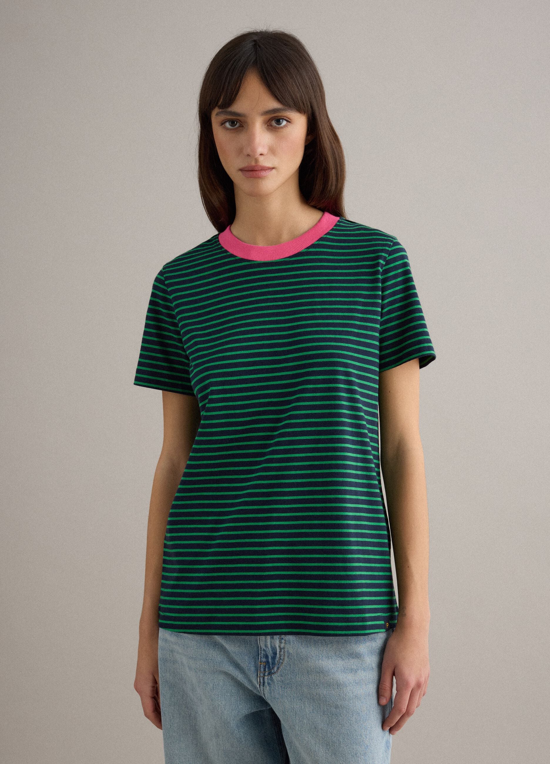 Green striped pure cotton regular fit T-shirt