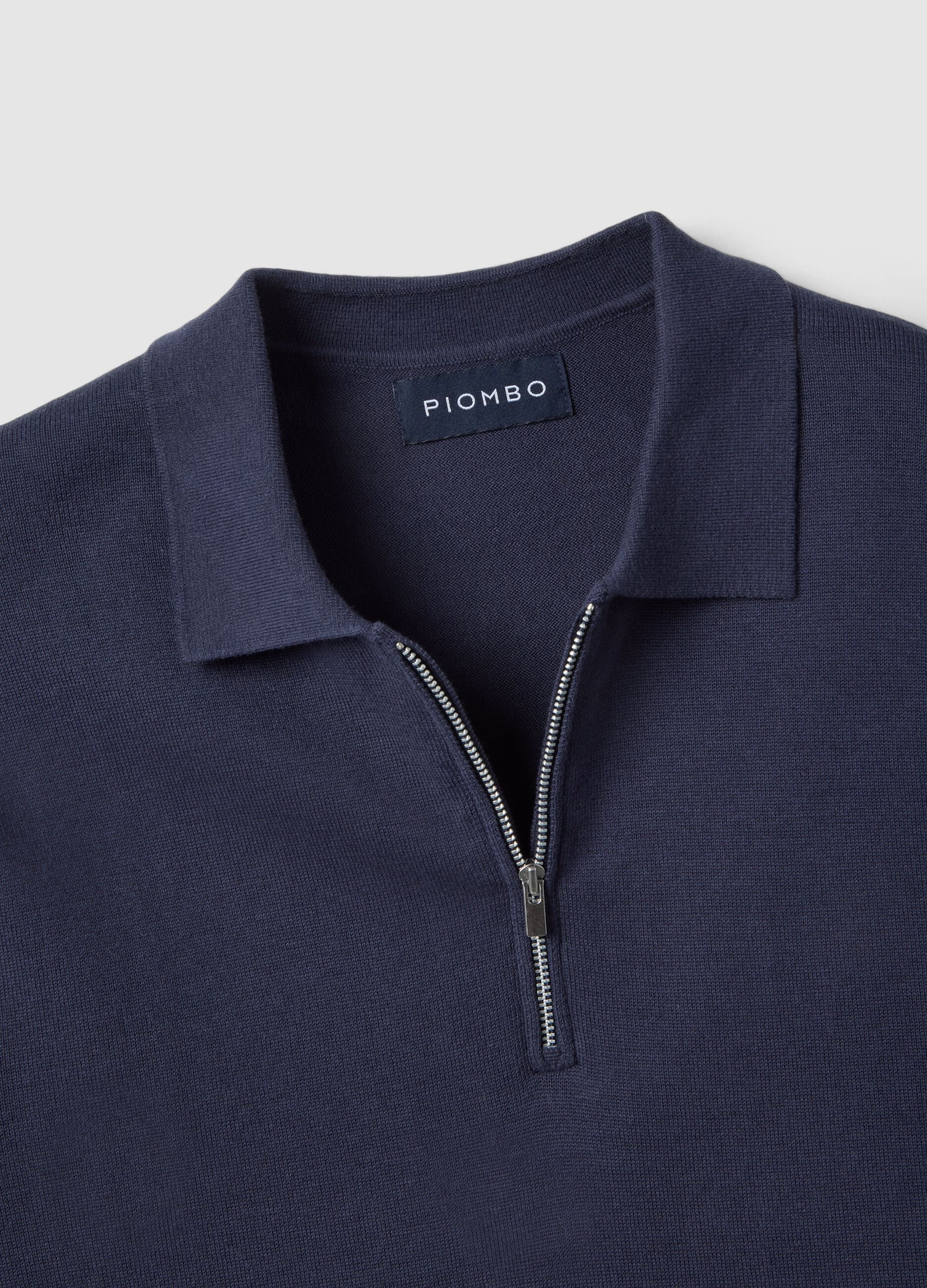 Short-sleeved blue pure cotton polo, regular fit with zip