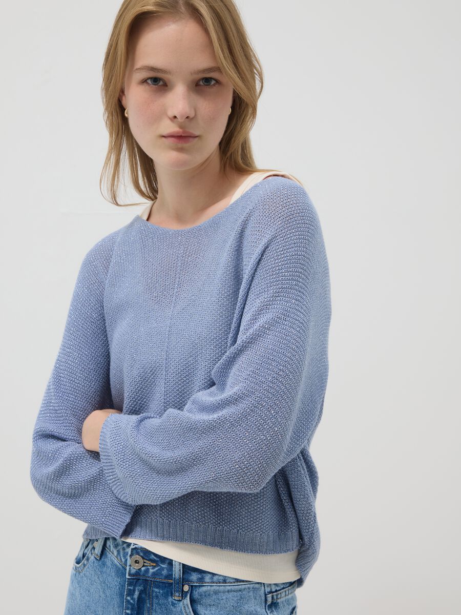 Light blue viscose and linen blend V-neck jumper_0