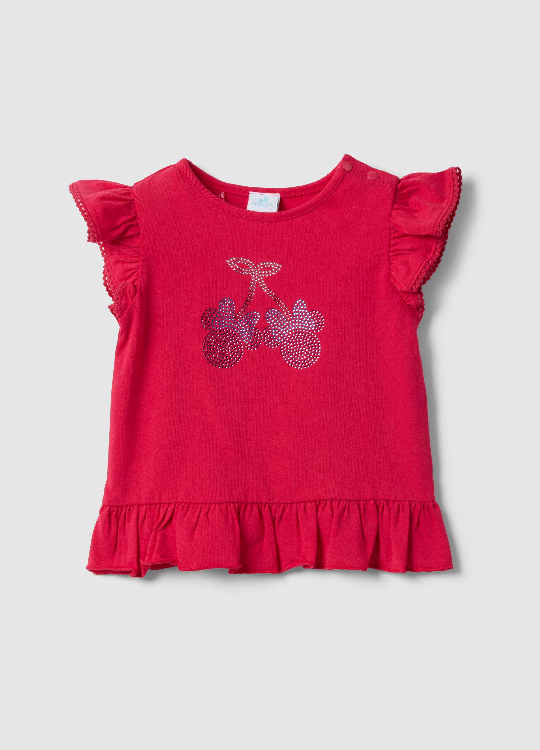 Red stretch cotton T-shirt for girls with Minnie and sequins