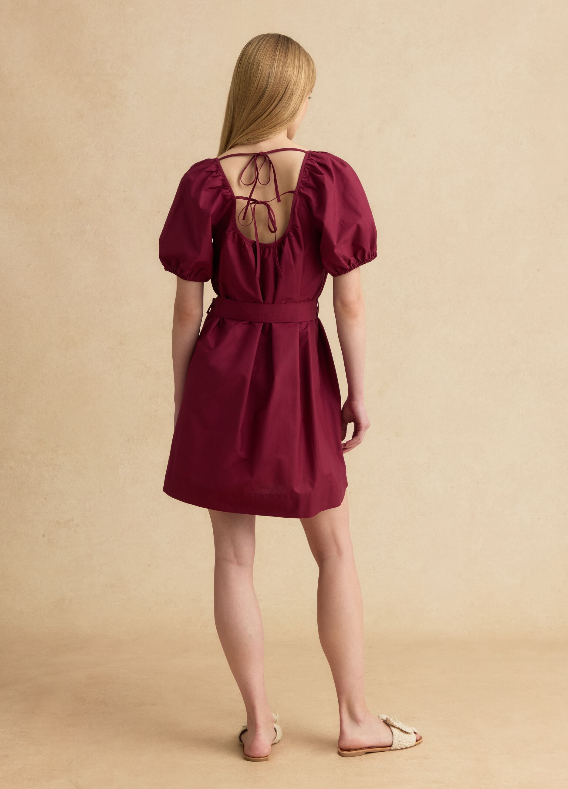 Red pure cotton midi dress with belt