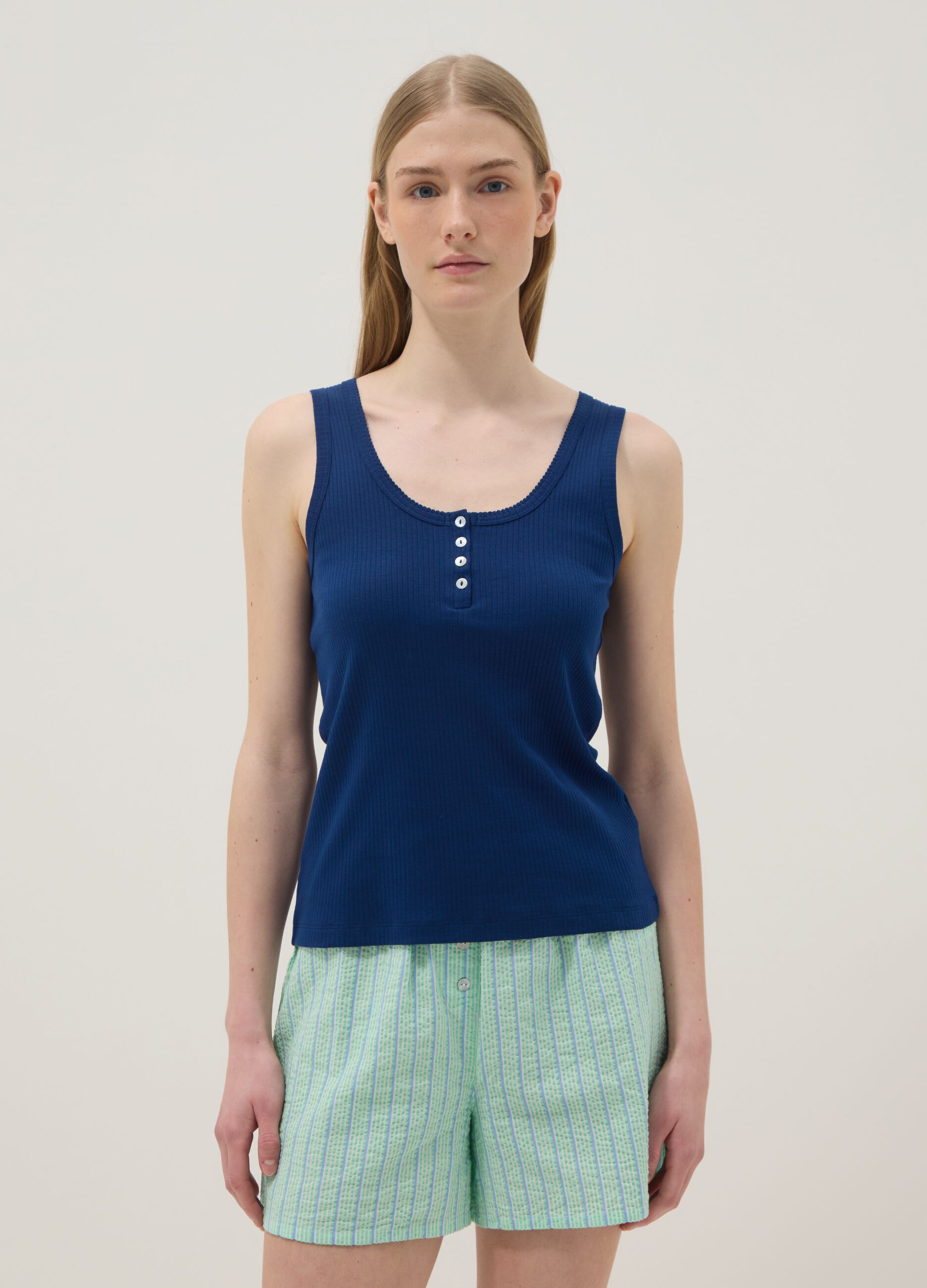 Blue pure cotton regular fit T-shirt with Henley collar