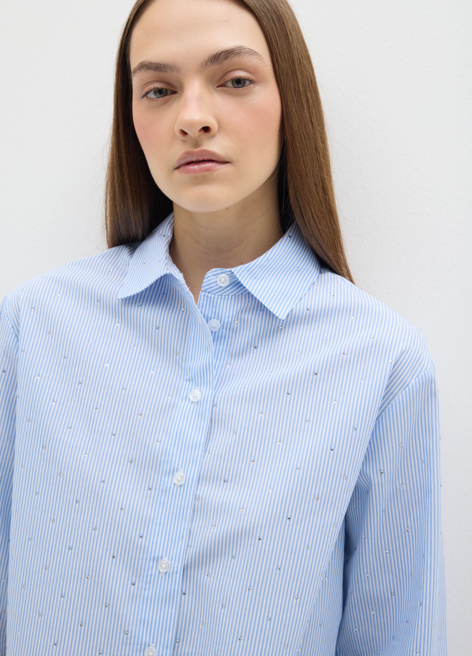 Multicoloured stripe shirt in pure cotton regular fit with rhinestones