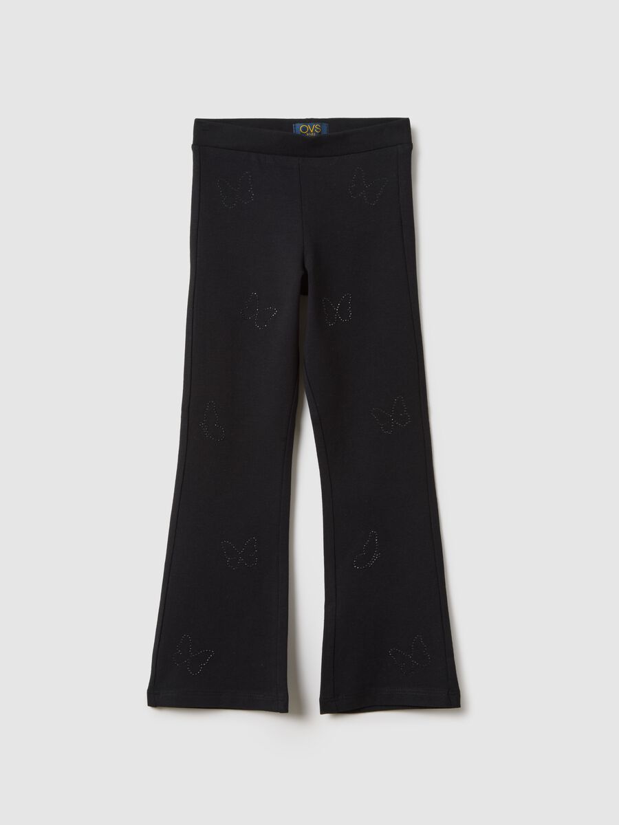 Girls' black slim fit stretch cotton leggings with decorations_0