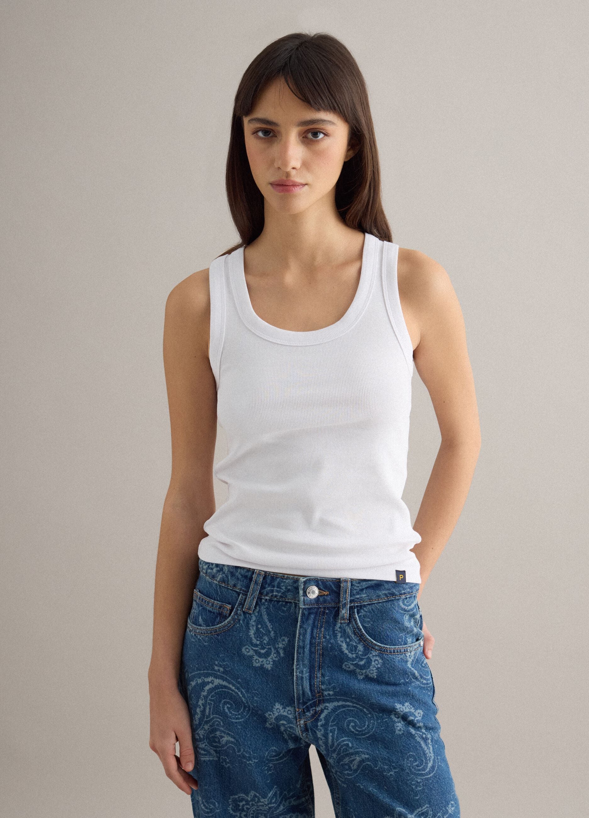 White stretch cotton tank top regular fit