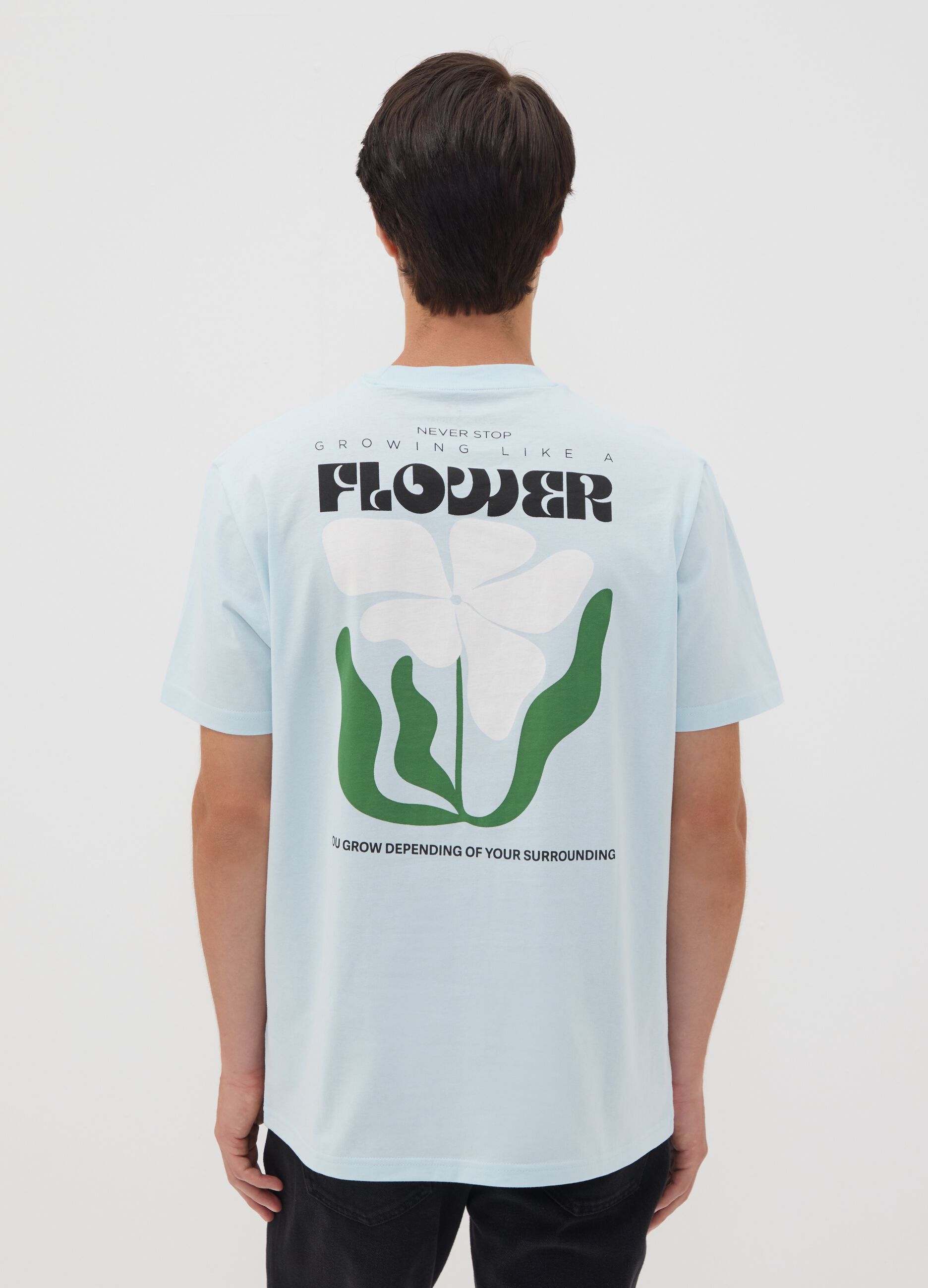 Light blue pure cotton jersey T-shirt with print, regular fit
