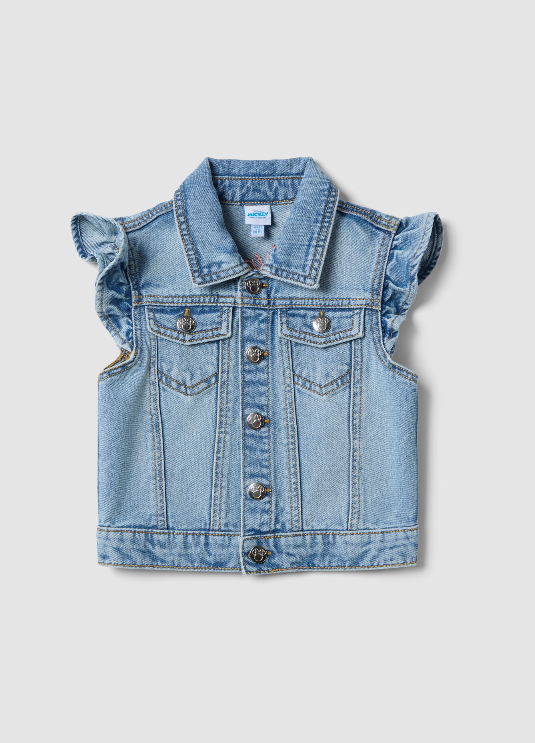 Regular fit blue denim vest for girls with Minnie, made of pure cotton