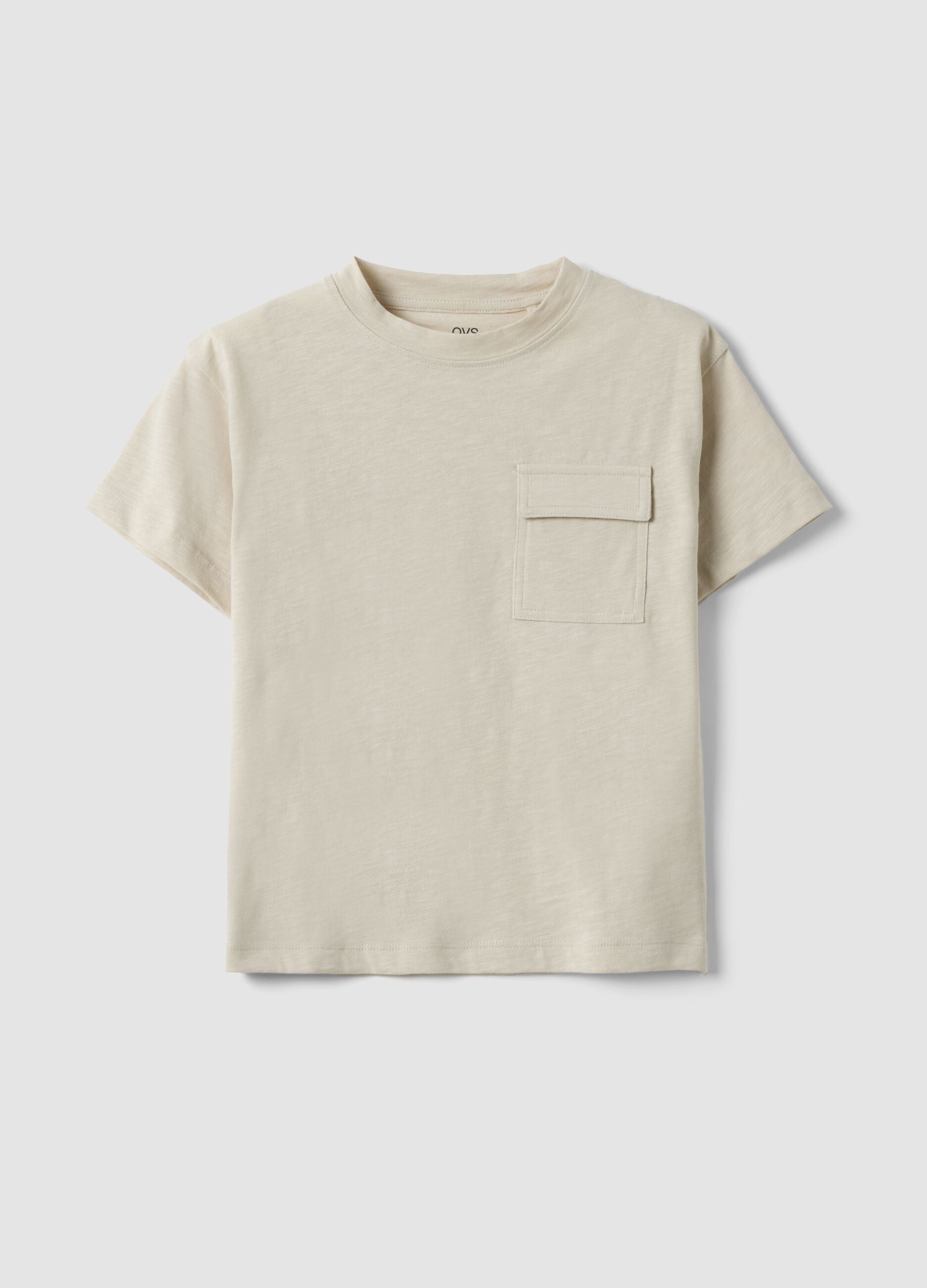 Children's beige pure cotton T-shirt regular fit with pocket