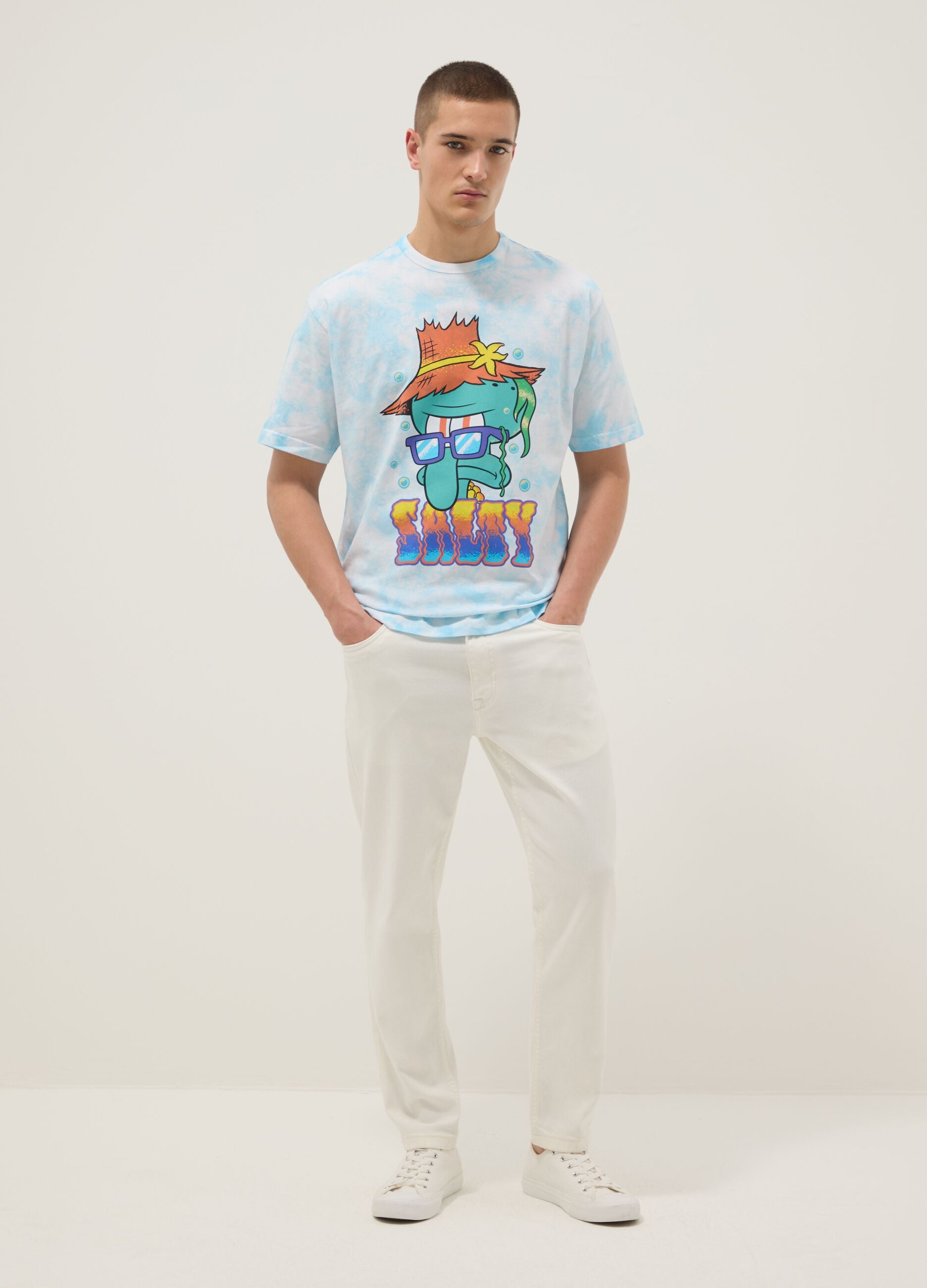 Regular fit sky blue pure cotton T-shirt with Squidward print