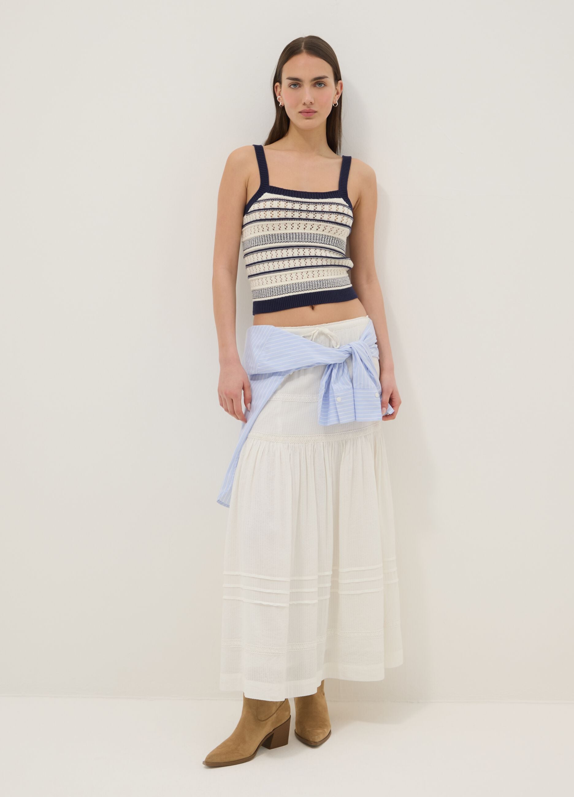 Fitted pure cotton multicolour striped vest with thin straps