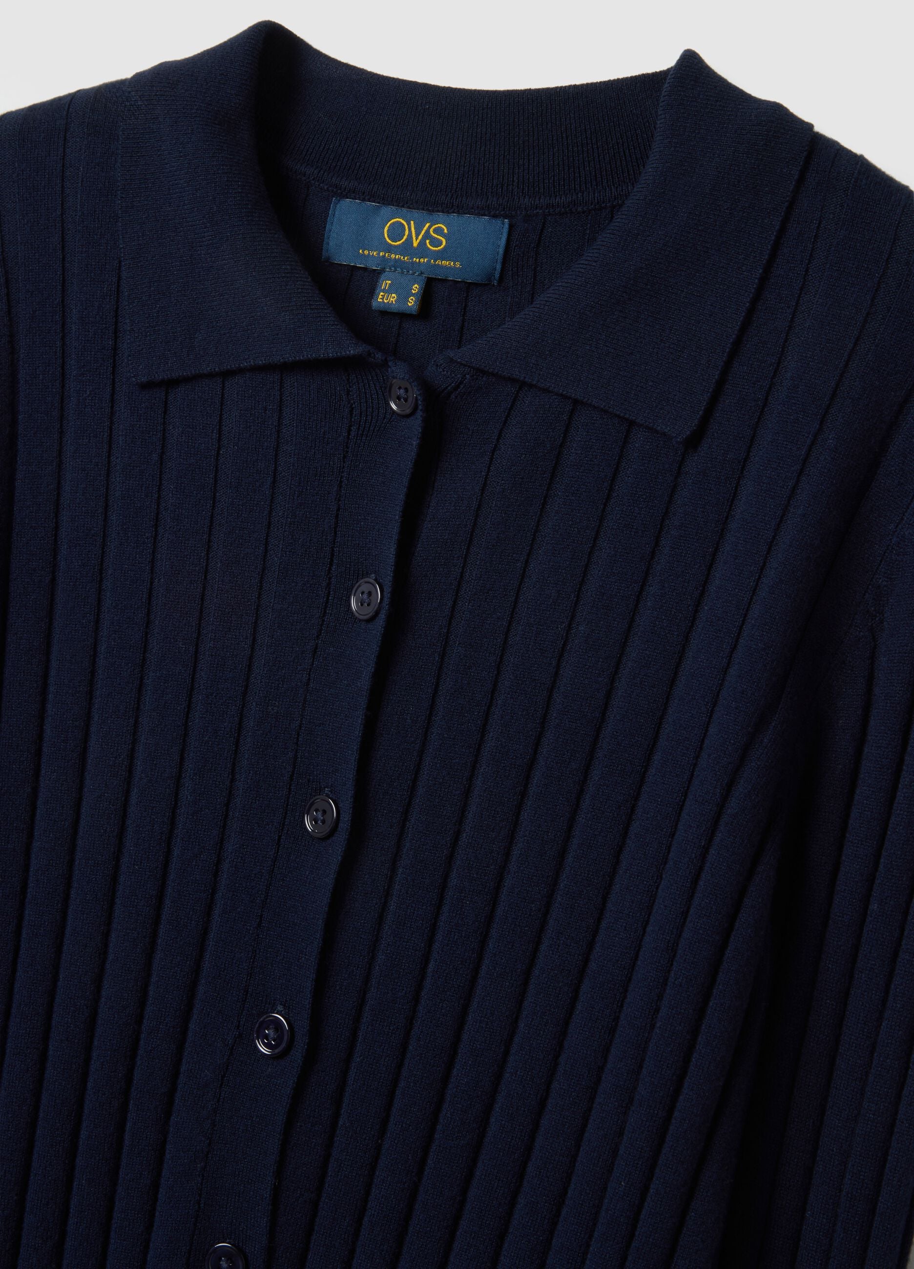 Slim Fit Ribbed Blue Cardigan with Polo Collar