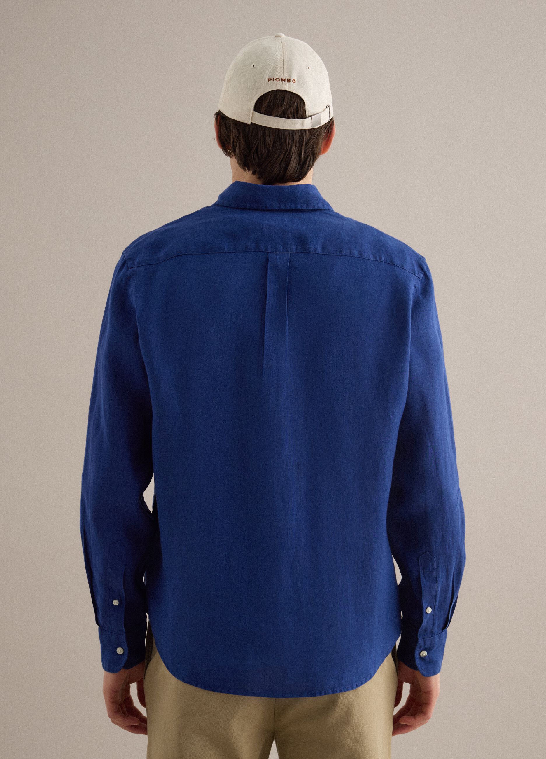 Blue pure linen long sleeve shirt regular fit