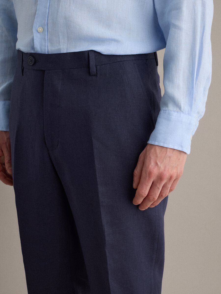 Pantaloni in puro lino blu slim fit_4
