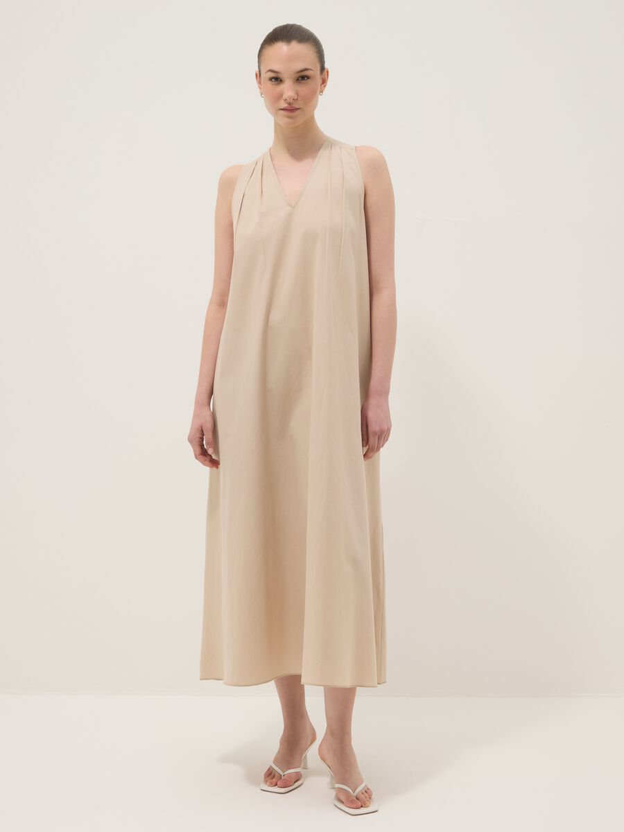 Beige midi dress in pure cotton with V-neck_1