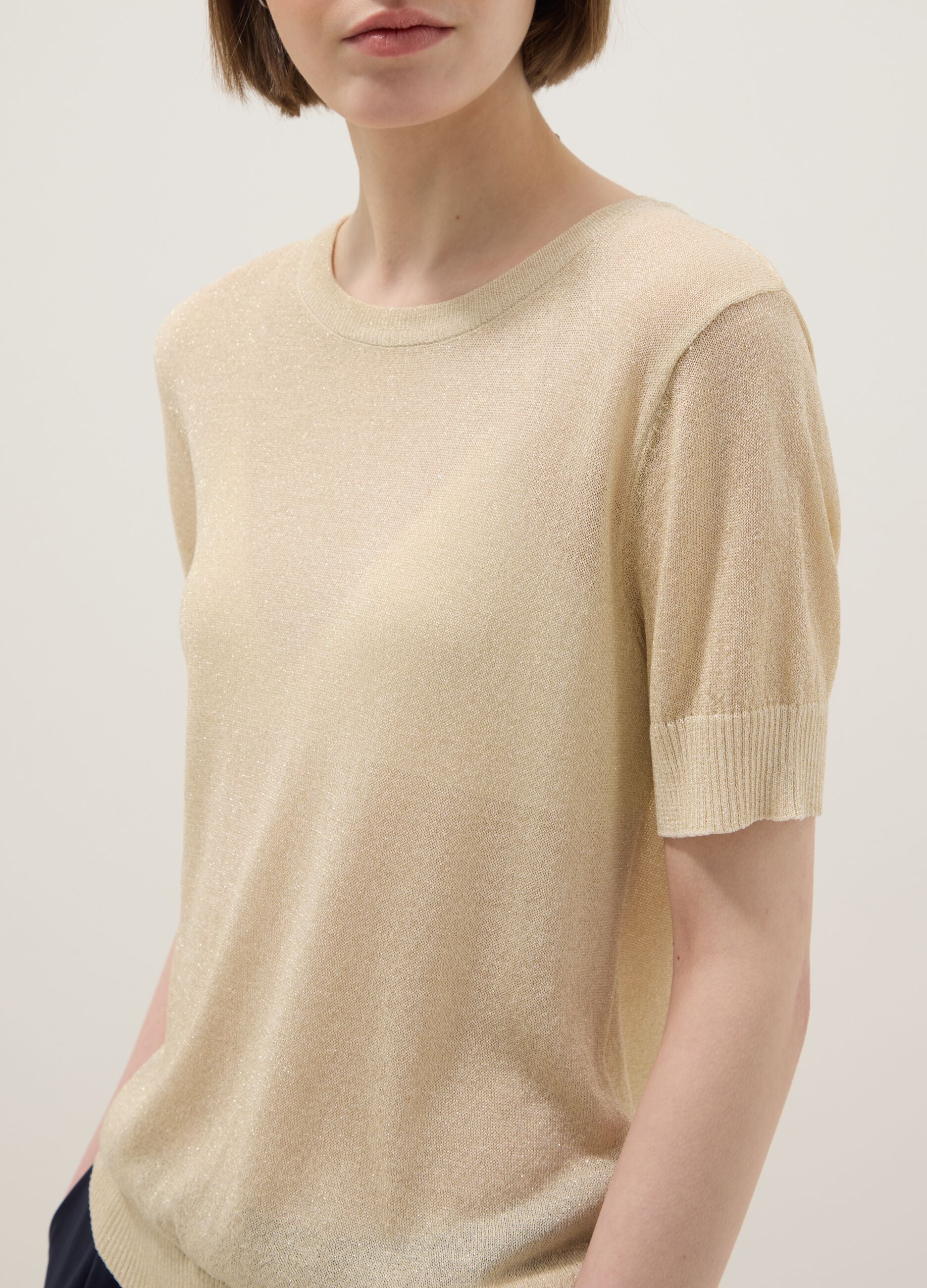 Beige viscose blend regular fit T-shirt with transparent accents