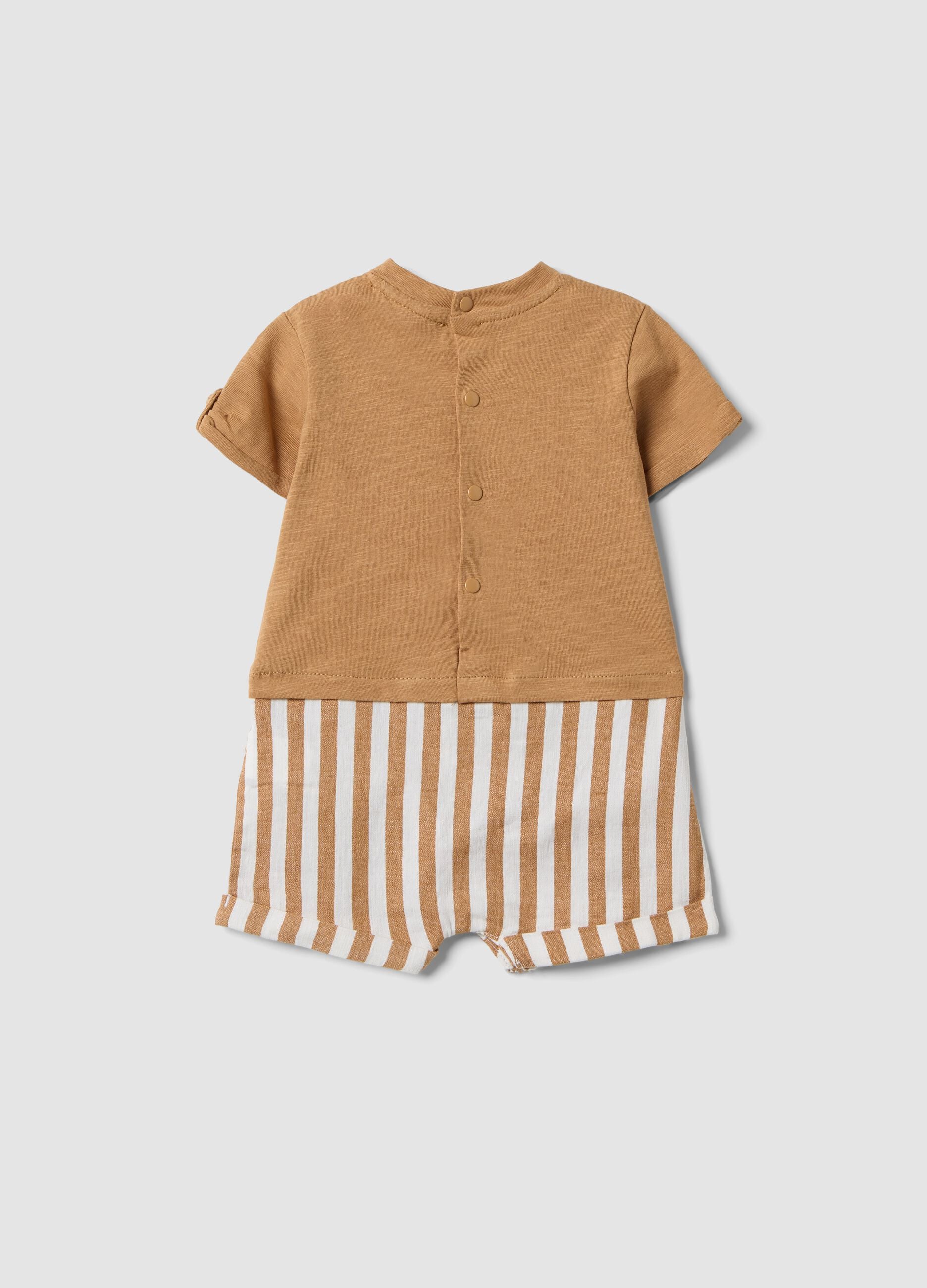 Brown stretch cotton and linen baby romper with lion motif