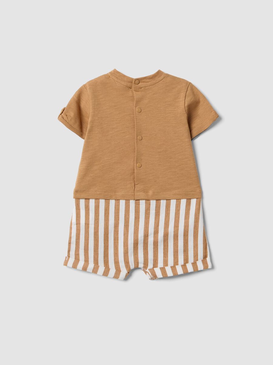 Brown stretch cotton and linen baby romper with lion motif_1