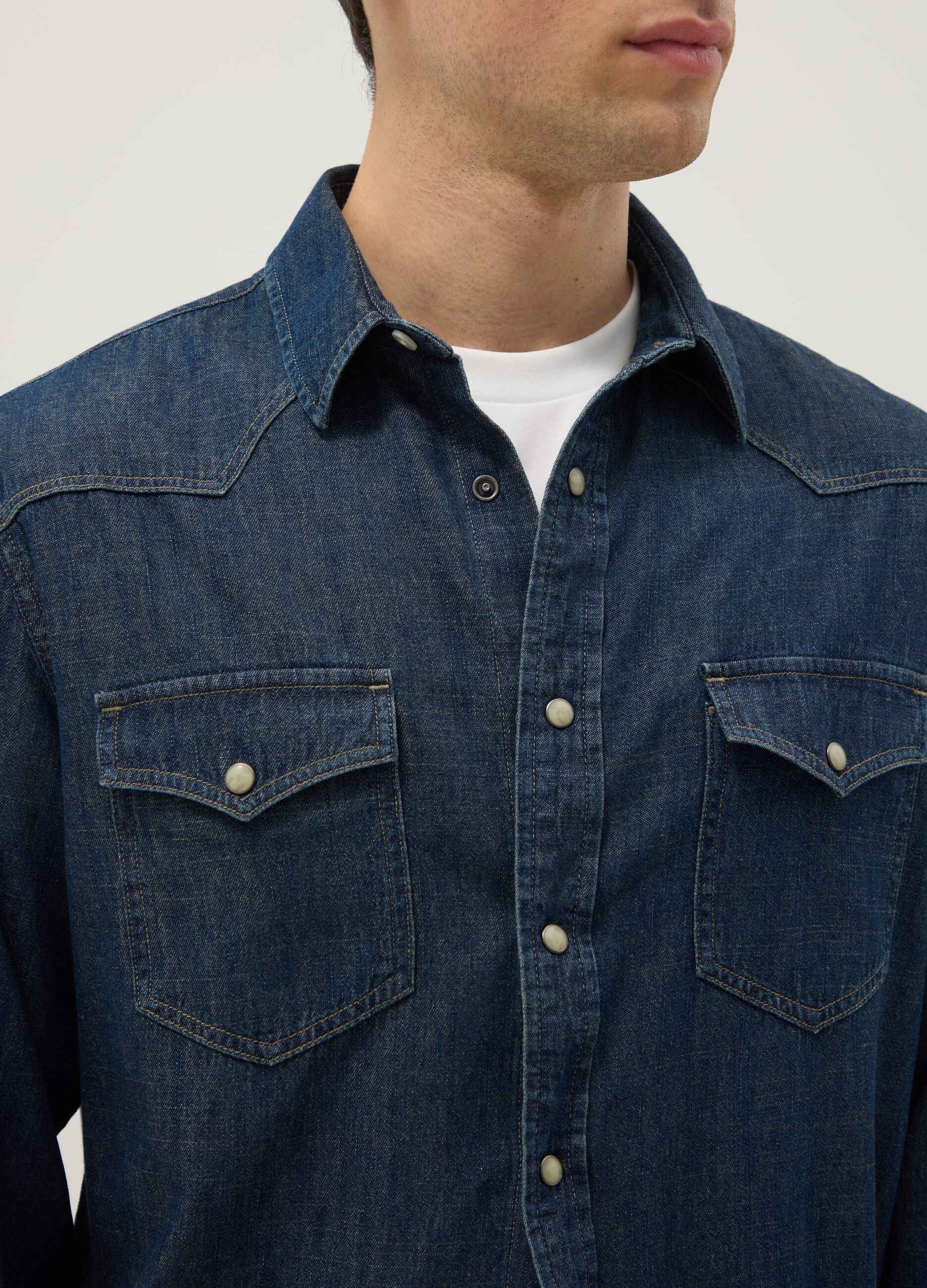Blue pure cotton denim shirt regular fit with pockets