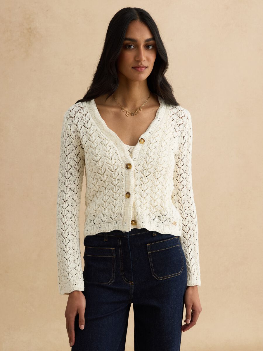 White pure cotton cardigan, regular fit deep V with openwork pattern_0