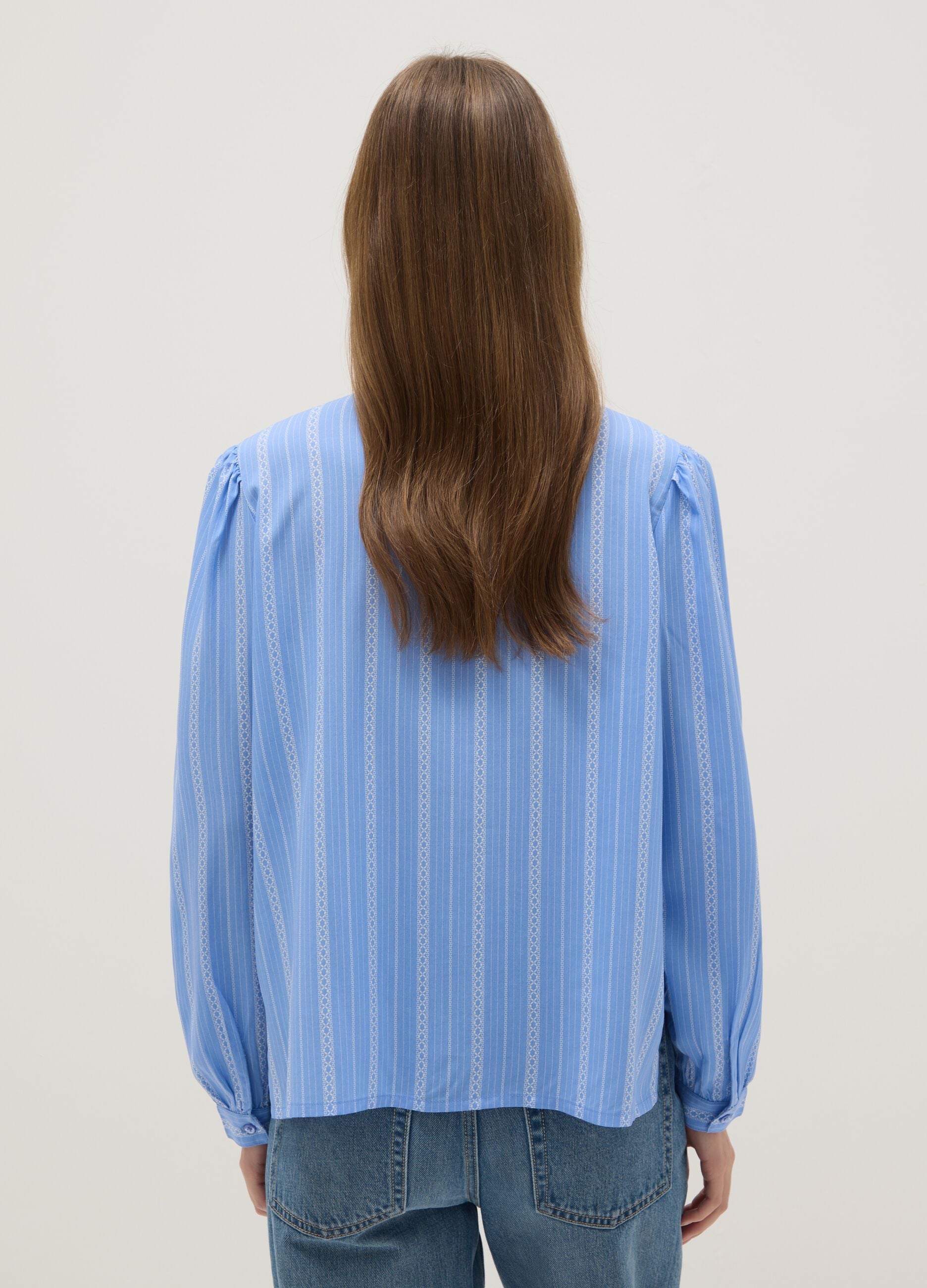 Light blue pure viscose shirt with bow and striped pattern