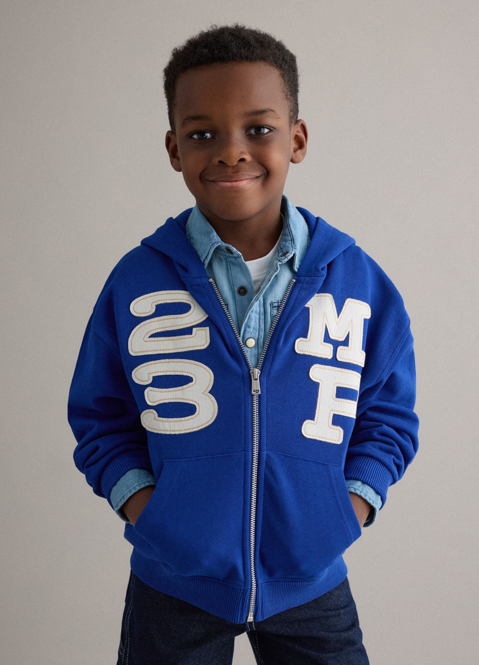 Boys' blue pure cotton hoodie regular fit with numbers and text